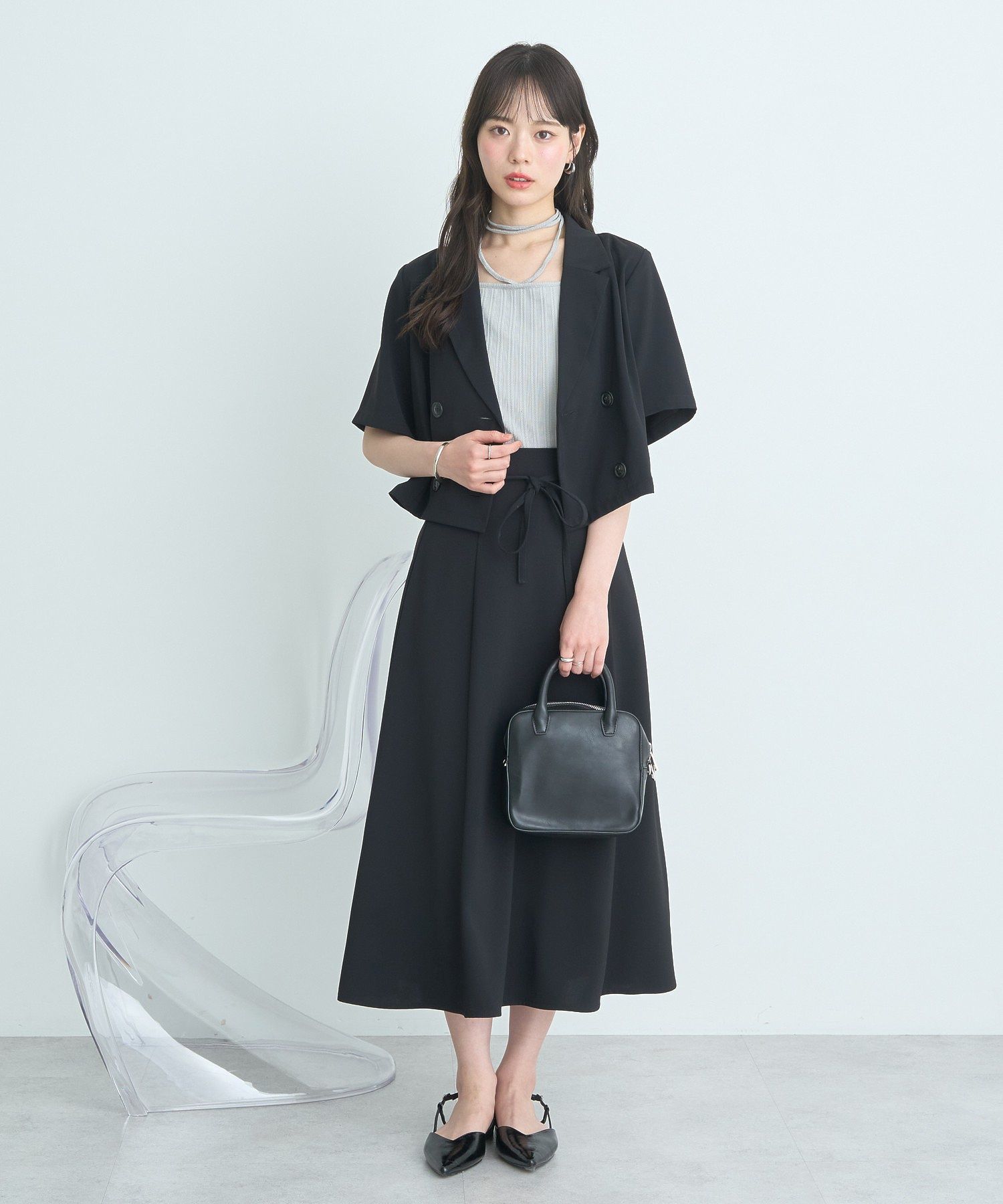 アースミュージックアンドエコロジー earth music&ecology ウエストリボンフレアスカート （サックスブルー） サックスブルー