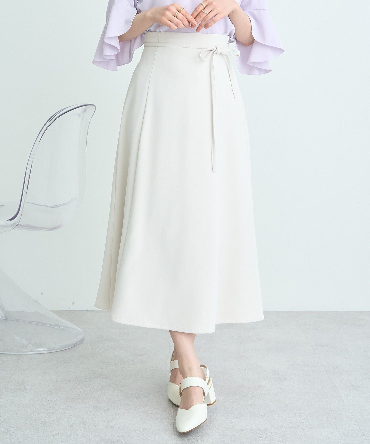 アースミュージックアンドエコロジー earth music&ecology ウエストリボンフレアスカート （サックスブルー） サックスブルー