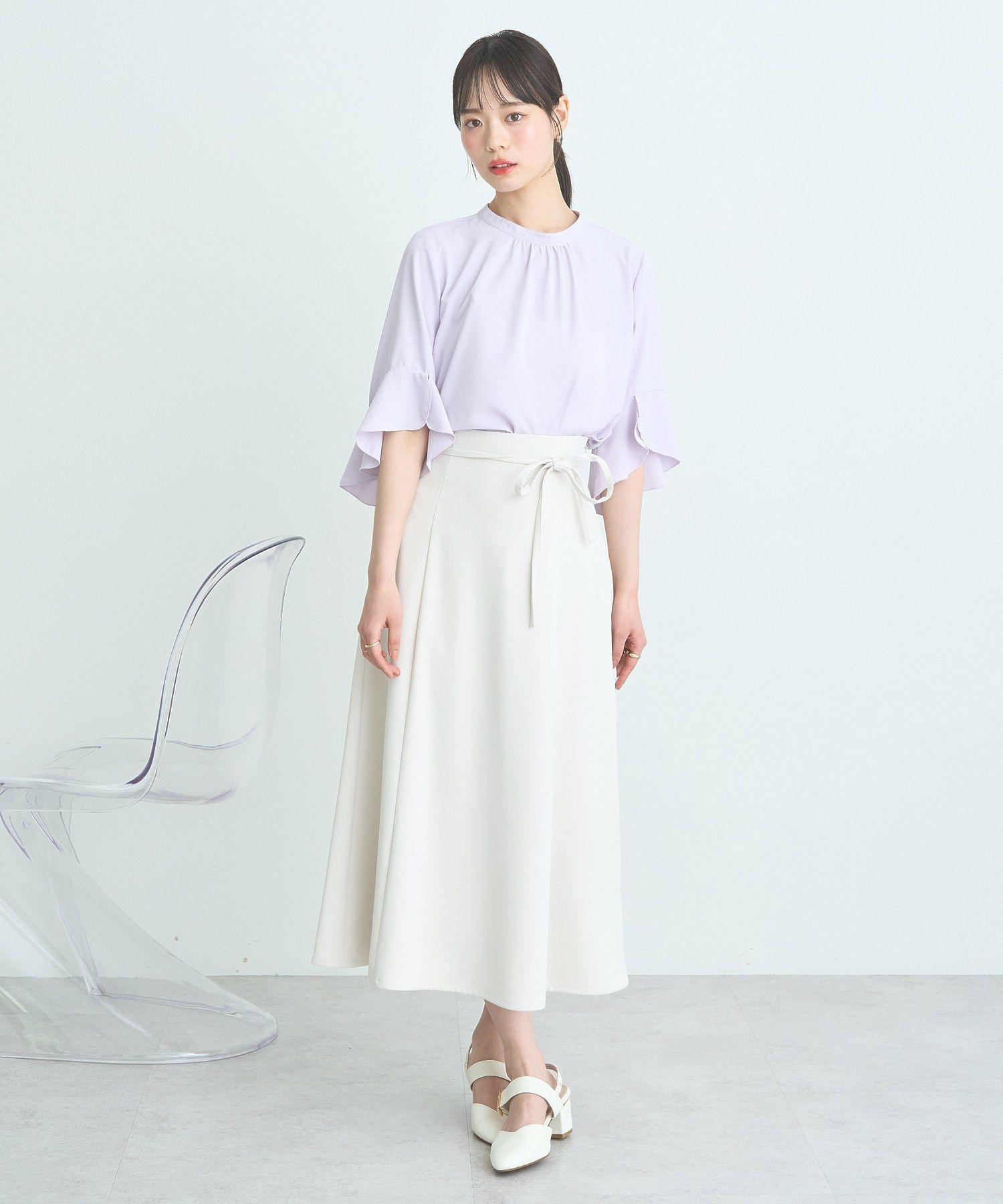 アースミュージックアンドエコロジー earth music&ecology ウエストリボンフレアスカート （サックスブルー） サックスブルー