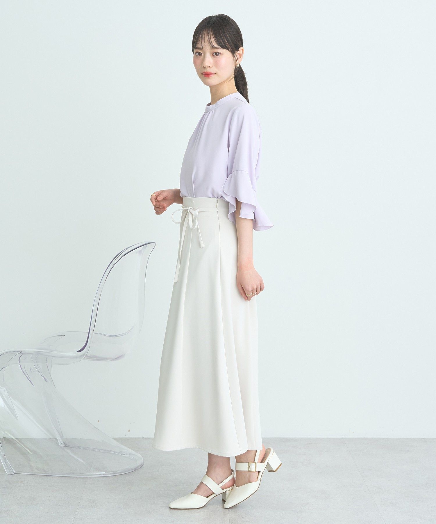 アースミュージックアンドエコロジー earth music&ecology ウエストリボンフレアスカート （サックスブルー） サックスブルー