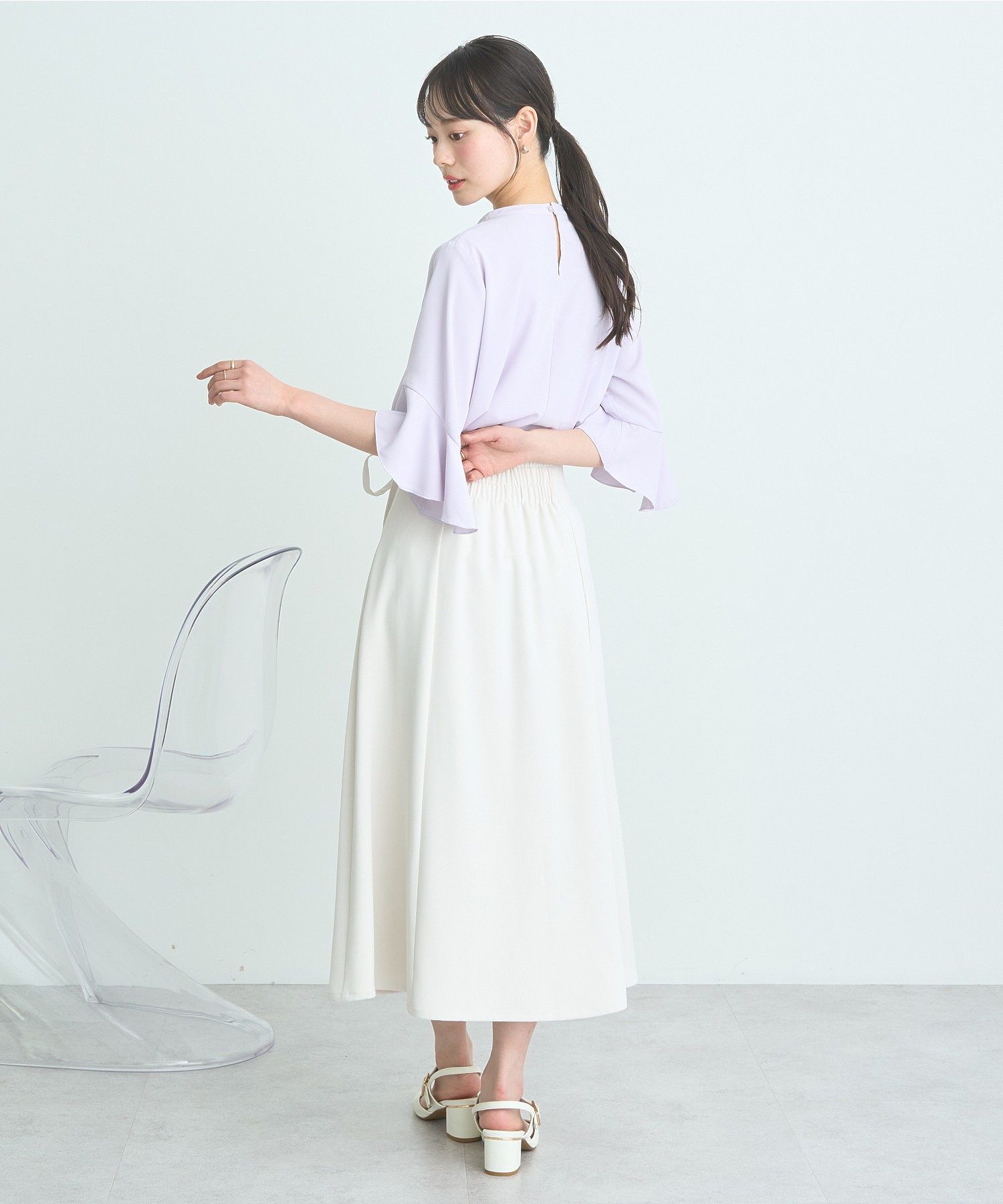 アースミュージックアンドエコロジー earth music&ecology ウエストリボンフレアスカート （サックスブルー） サックスブルー