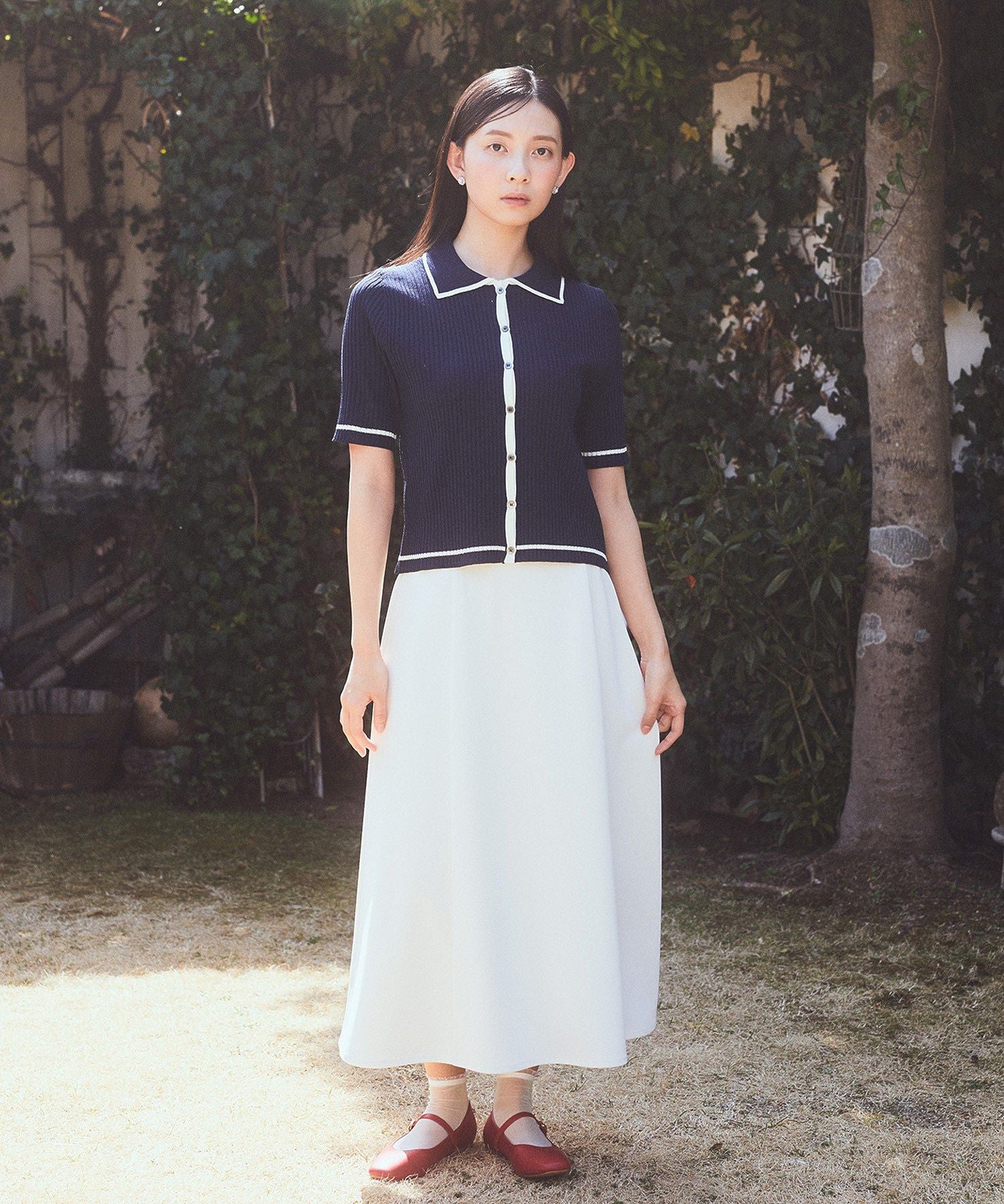 アースミュージックアンドエコロジー earth music&ecology ウエストリボンフレアスカート （サックスブルー） サックスブルー