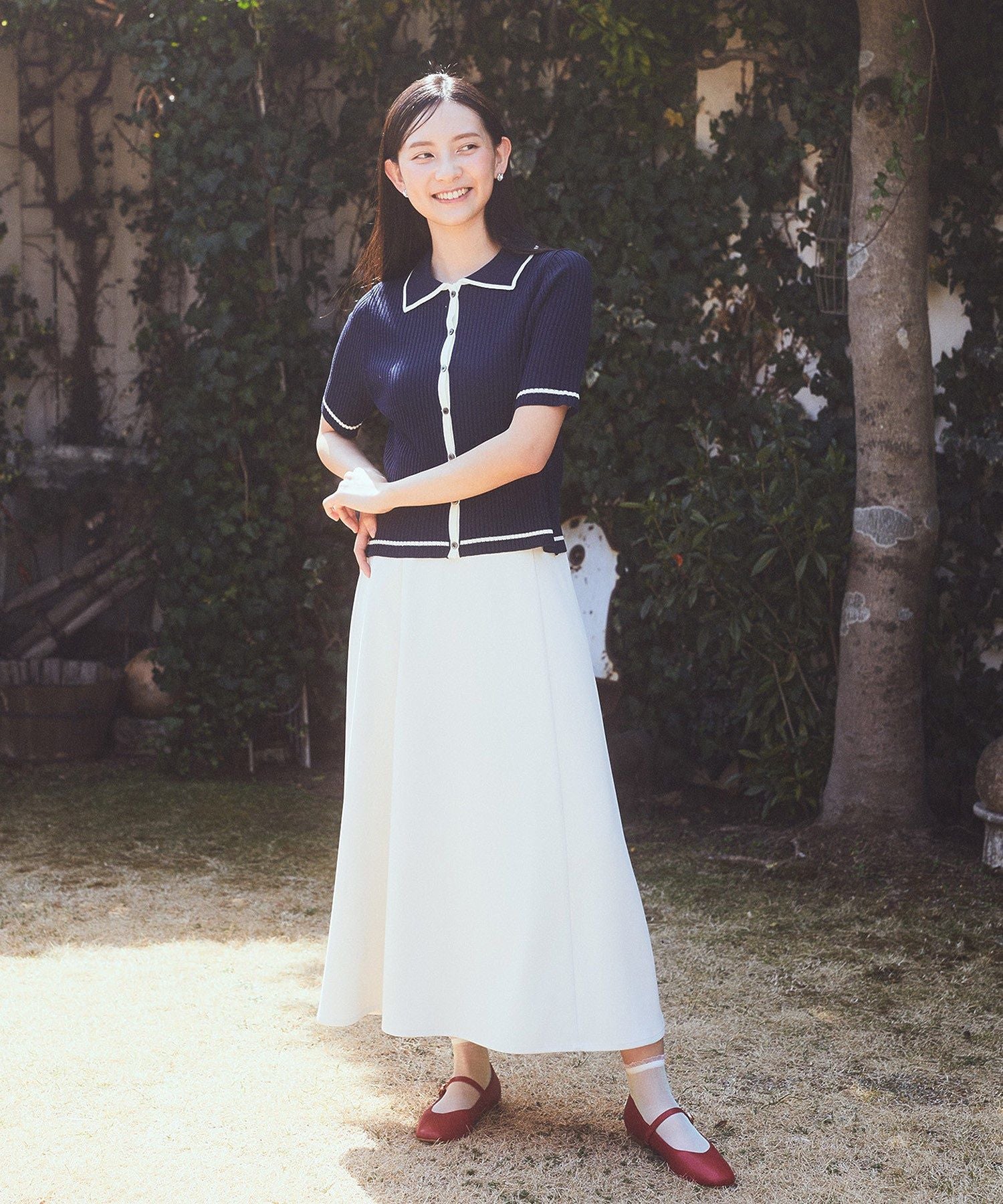 アースミュージックアンドエコロジー earth music&ecology ウエストリボンフレアスカート （サックスブルー） サックスブルー