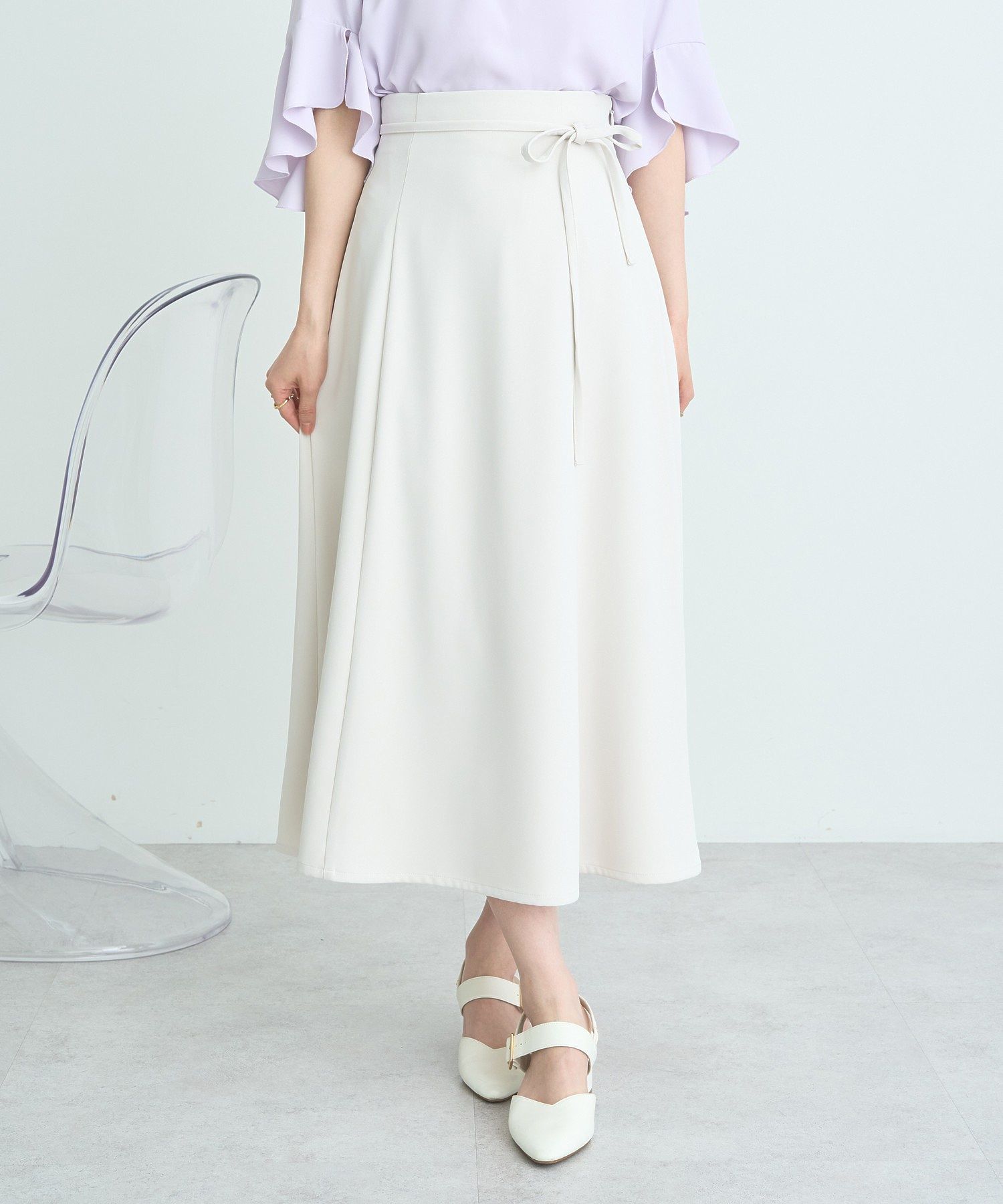 アースミュージックアンドエコロジー earth music&ecology ウエストリボンフレアスカート （アイボリー） アイボリー