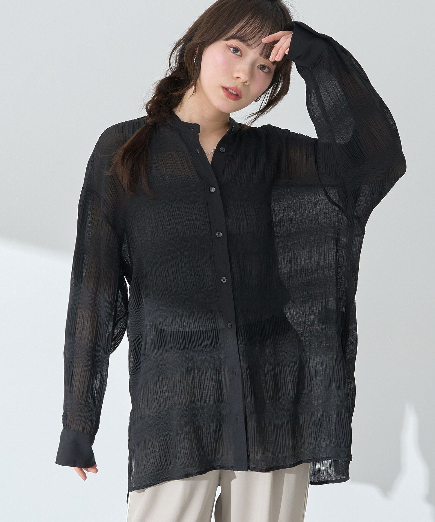 アースミュージックアンドエコロジー earth music&ecology マジョリカプリーツレギュラーシャツ （ブラック） ブラック