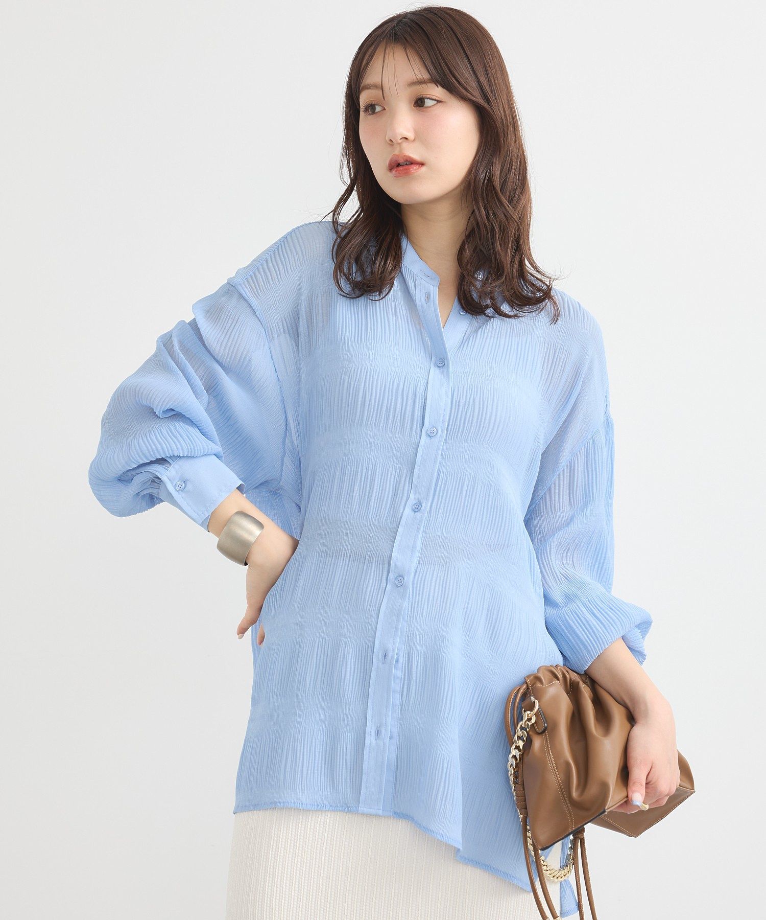 アースミュージックアンドエコロジー earth music&ecology マジョリカプリーツレギュラーシャツ （ブルー） ブルー