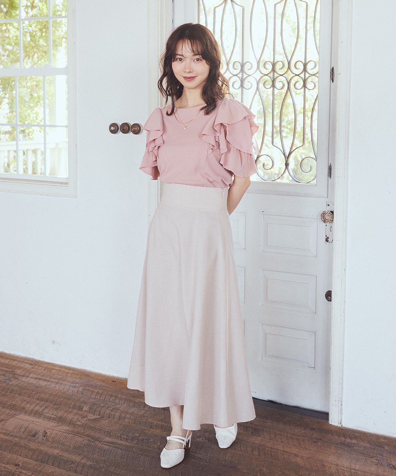 アースミュージックアンドエコロジー earth music&ecology 袖フリルデザインプルオーバー （ピンク） ピンク