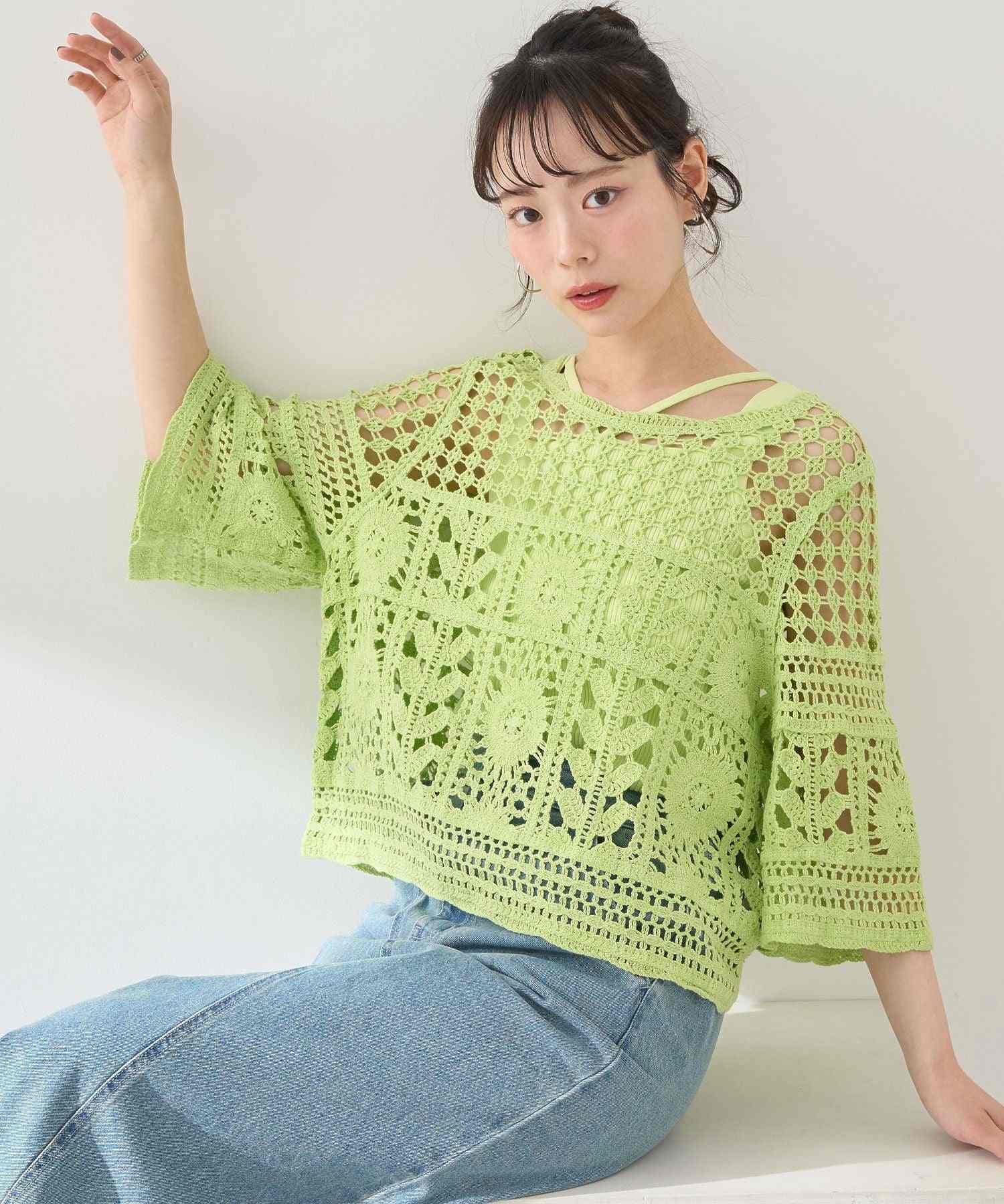 アースミュージックアンドエコロジー earth music&ecology クロシェ風プルオーバー （ライトグリーン） ライトグリーン