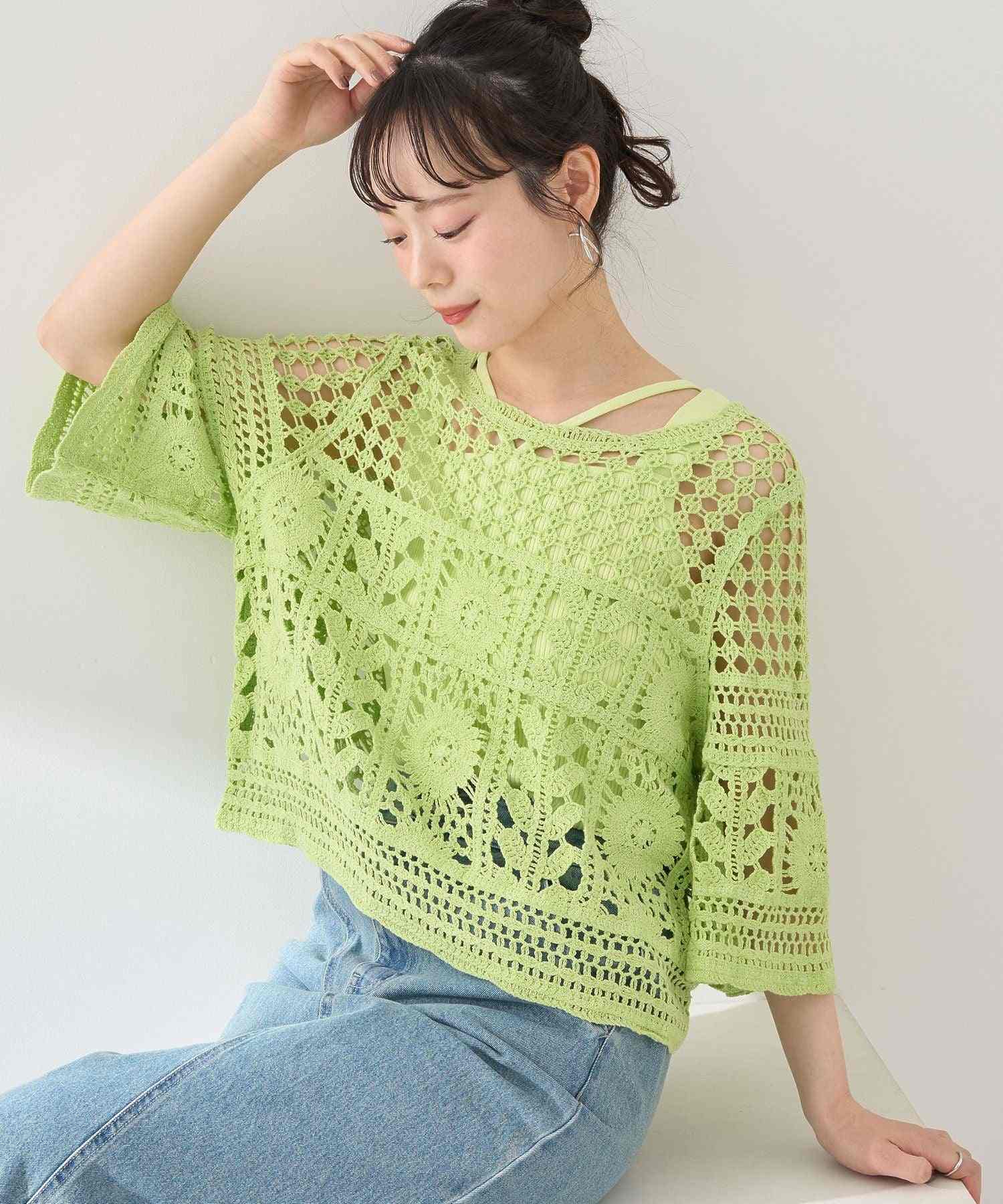 アースミュージックアンドエコロジー earth music&ecology クロシェ風プルオーバー （ライトグリーン） ライトグリーン