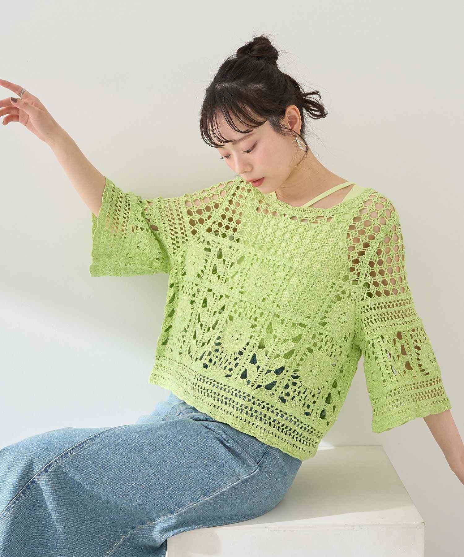 アースミュージックアンドエコロジー earth music&ecology クロシェ風プルオーバー （ライトグリーン） ライトグリーン