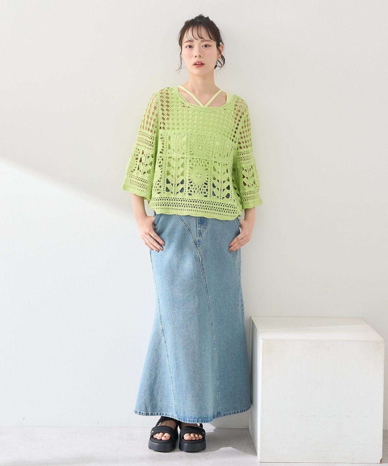 アースミュージックアンドエコロジー earth music&ecology クロシェ風プルオーバー （ライトグリーン） ライトグリーン