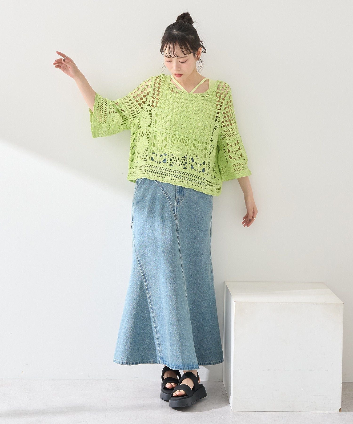 アースミュージックアンドエコロジー earth music&ecology クロシェ風プルオーバー （ライトグリーン） ライトグリーン