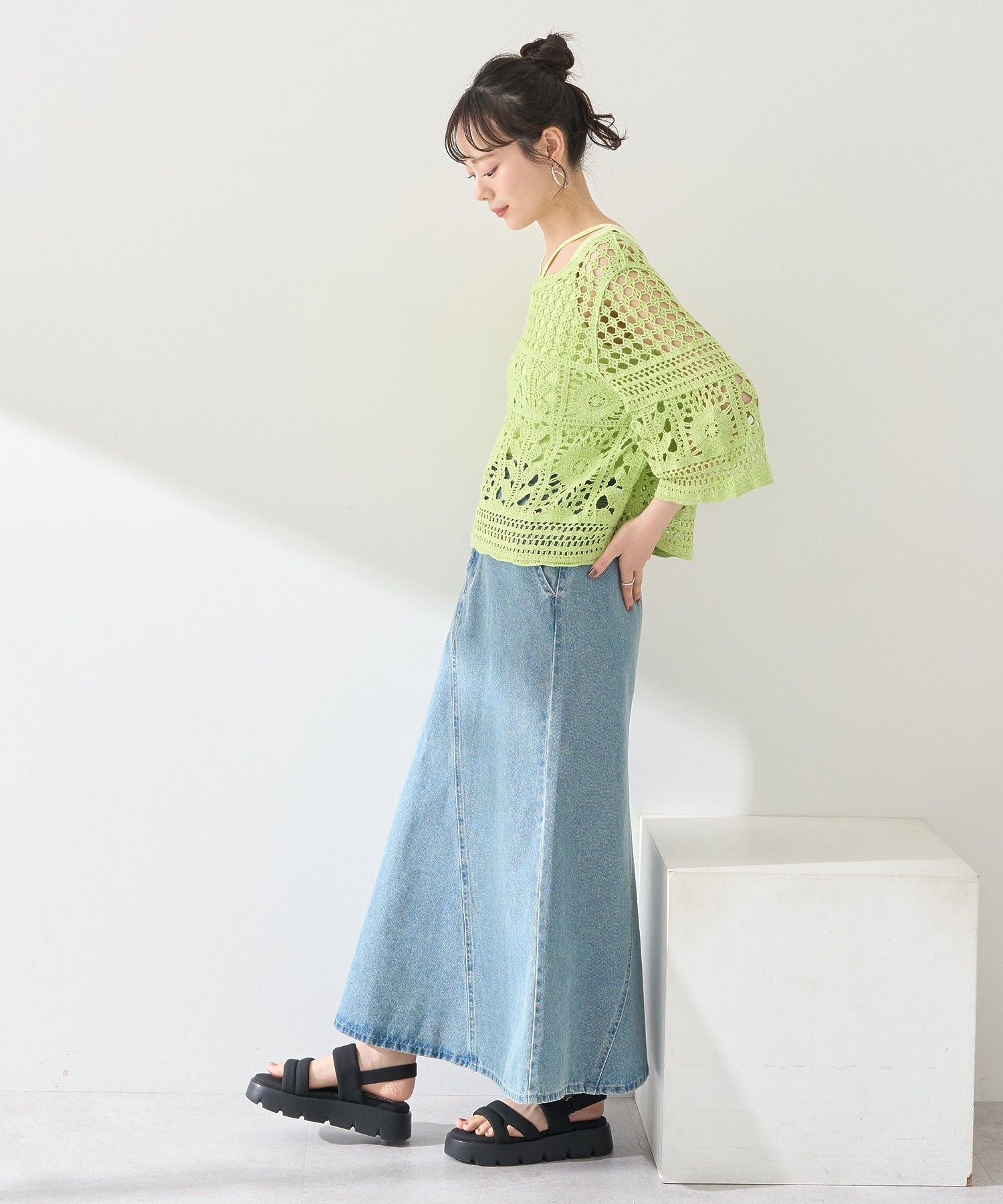 アースミュージックアンドエコロジー earth music&ecology クロシェ風プルオーバー （ライトグリーン） ライトグリーン