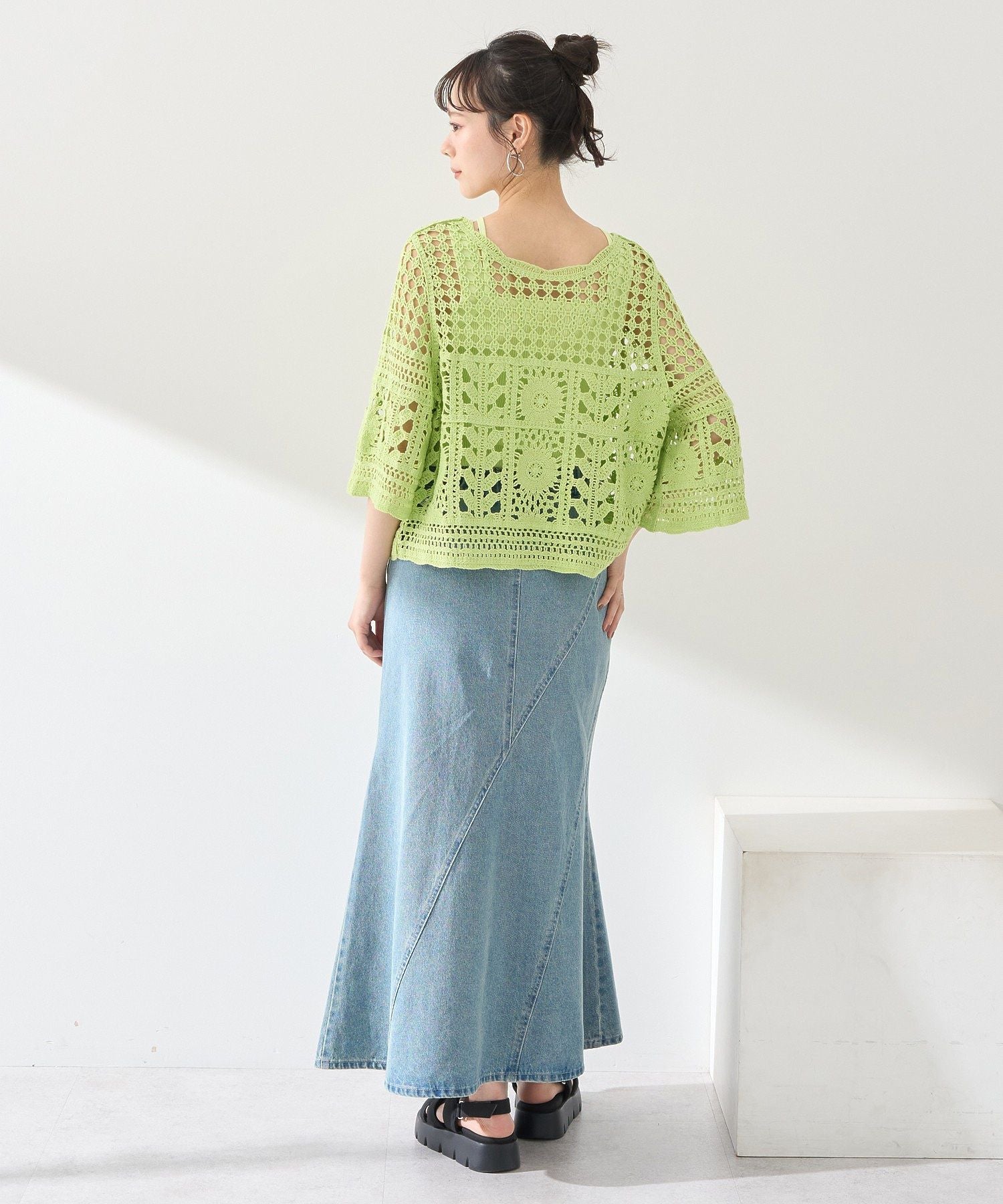 アースミュージックアンドエコロジー earth music&ecology クロシェ風プルオーバー （ライトグリーン） ライトグリーン