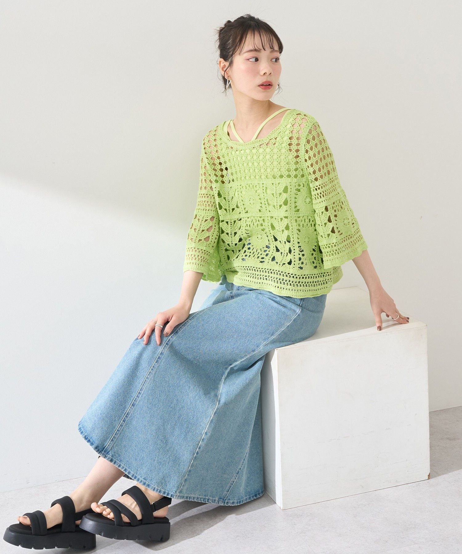 アースミュージックアンドエコロジー earth music&ecology クロシェ風プルオーバー （ライトグリーン） ライトグリーン