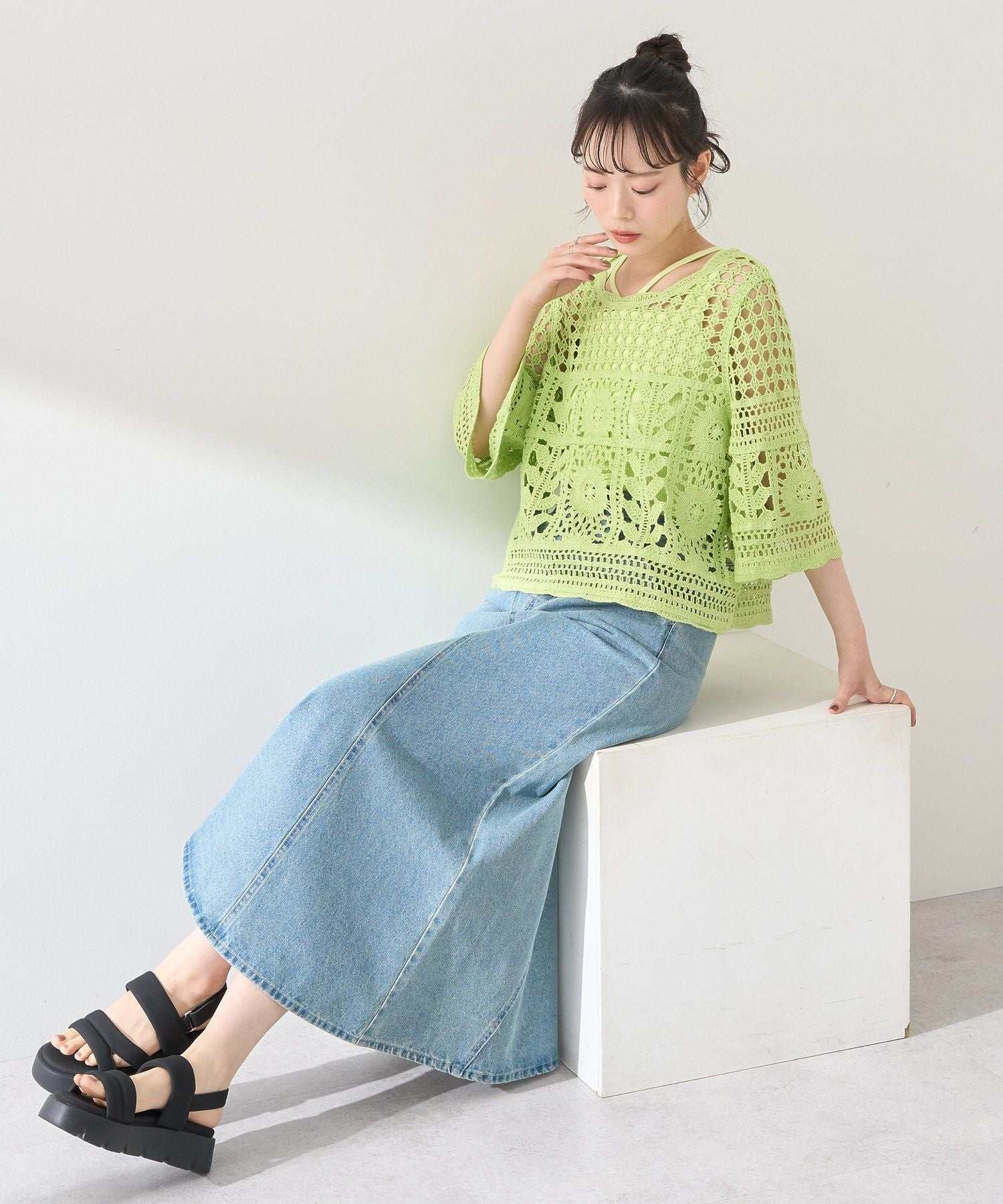 アースミュージックアンドエコロジー earth music&ecology クロシェ風プルオーバー （ライトグリーン） ライトグリーン