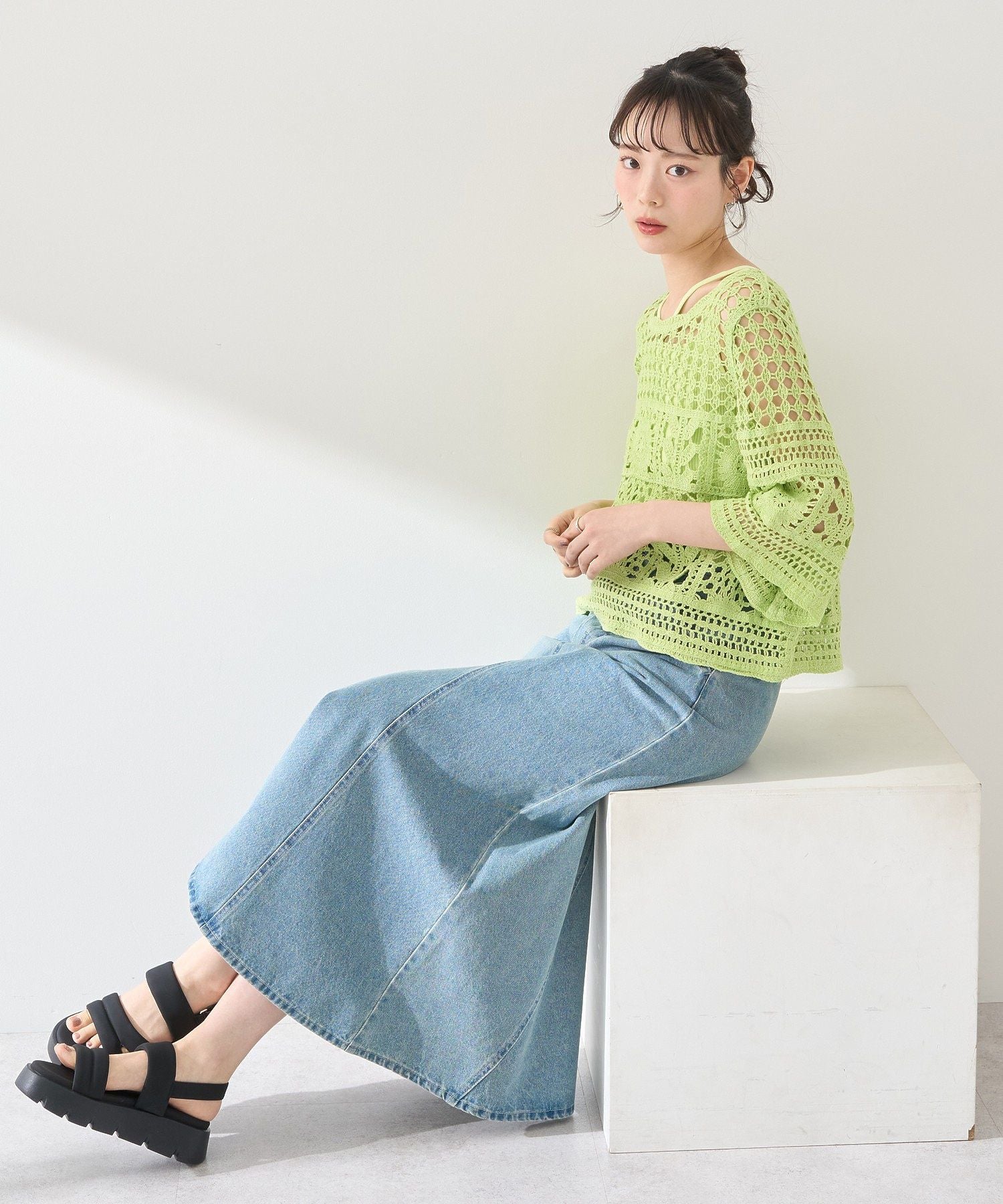 アースミュージックアンドエコロジー earth music&ecology クロシェ風プルオーバー （ライトグリーン） ライトグリーン