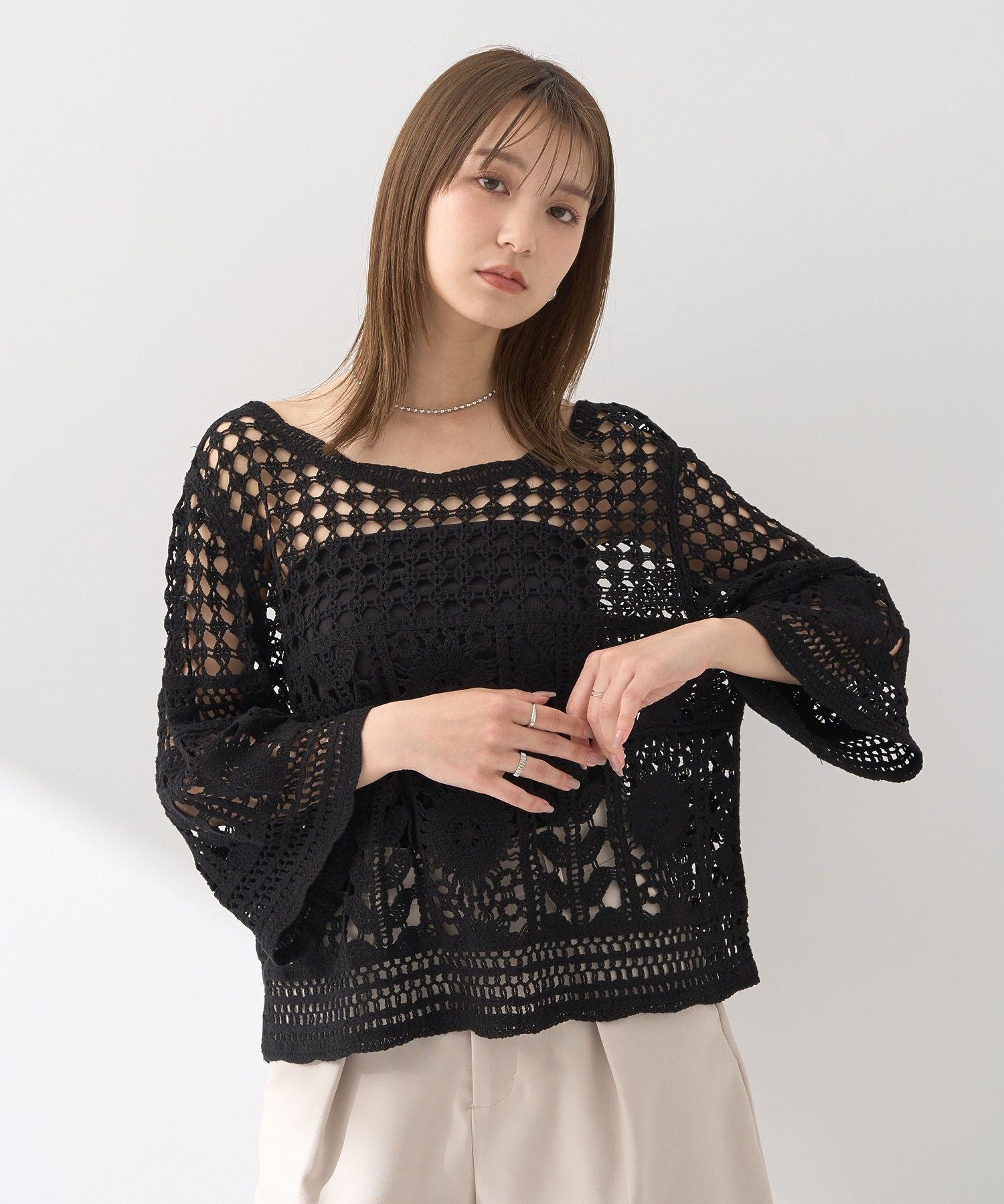 アースミュージックアンドエコロジー earth music&ecology クロシェ風プルオーバー （ライトグリーン） ライトグリーン