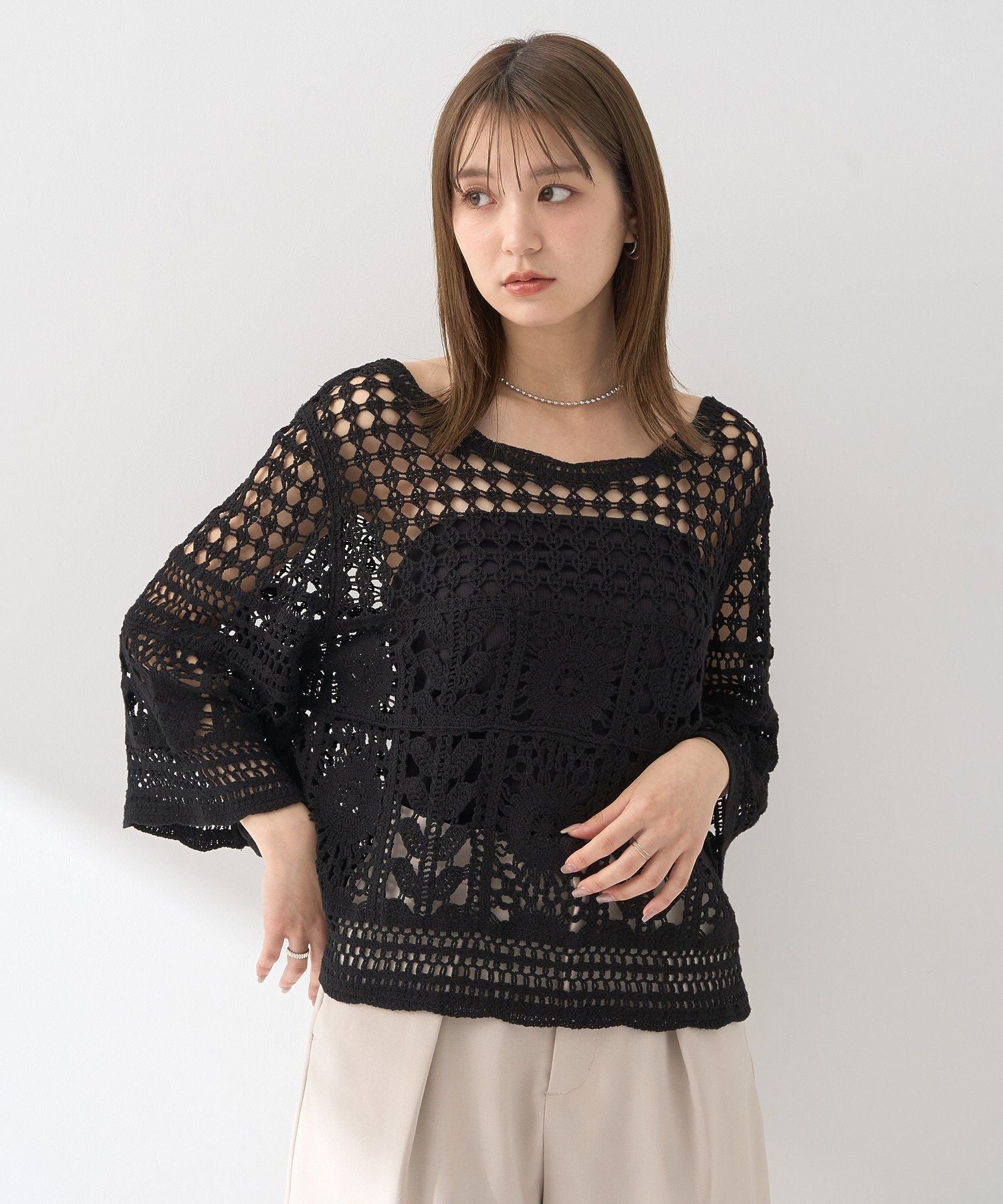 アースミュージックアンドエコロジー earth music&ecology クロシェ風プルオーバー （ライトグリーン） ライトグリーン