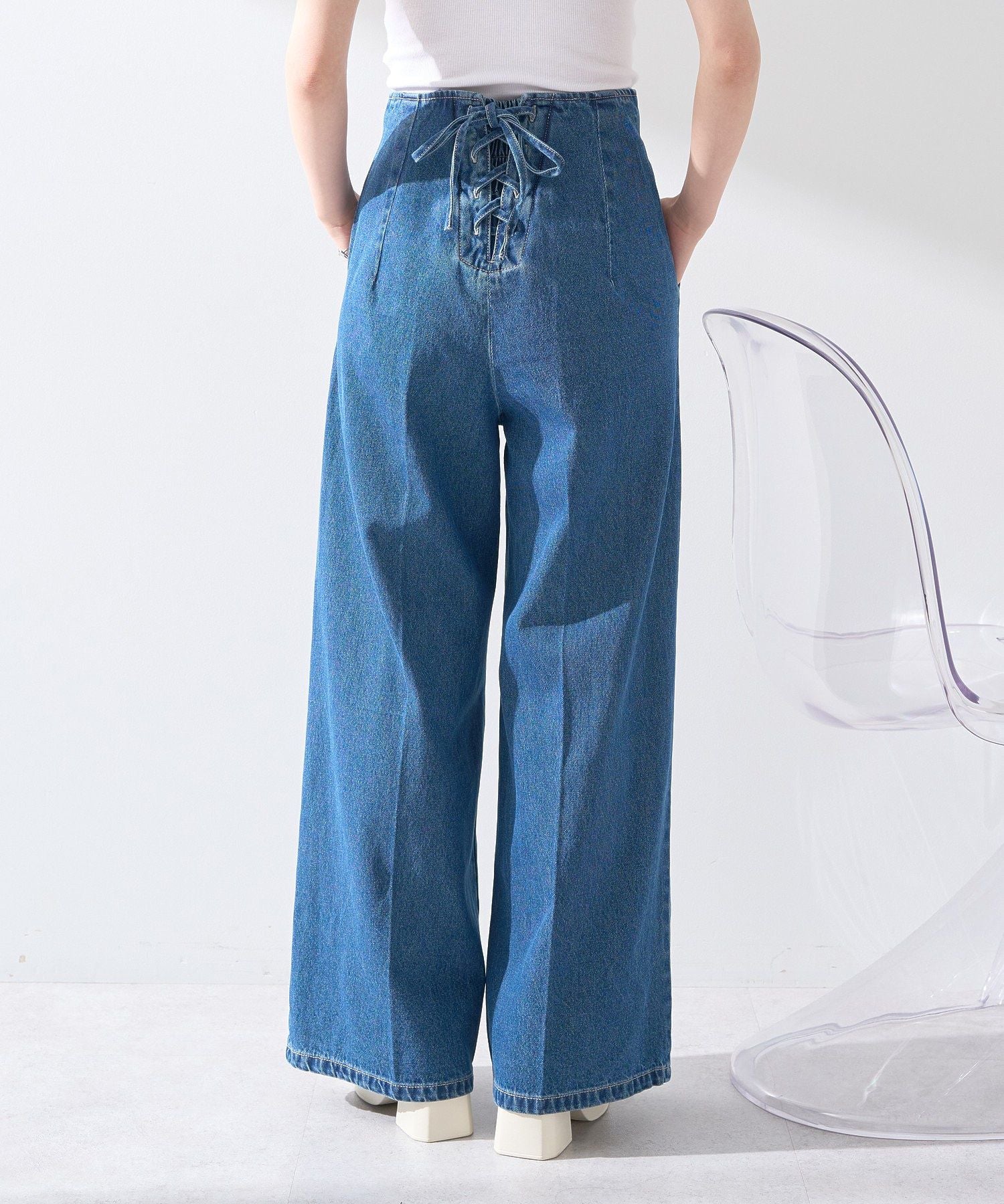 アースミュージックアンドエコロジー earth music&ecology フロントZIPバックレースアップデニム （ミディアムインディゴ） ミディアムインディゴ