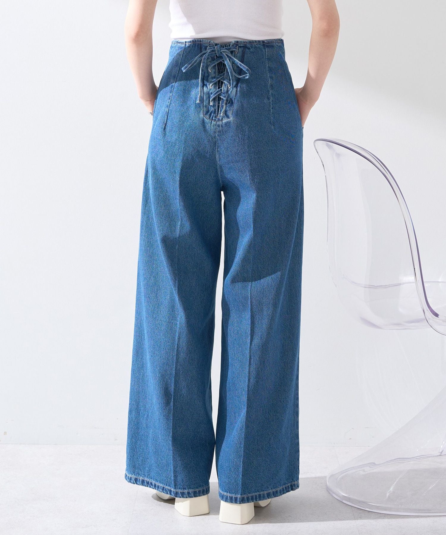 アースミュージックアンドエコロジー earth music&ecology フロントZIPバックレースアップデニム （ミディアムインディゴ） ミディアムインディゴ