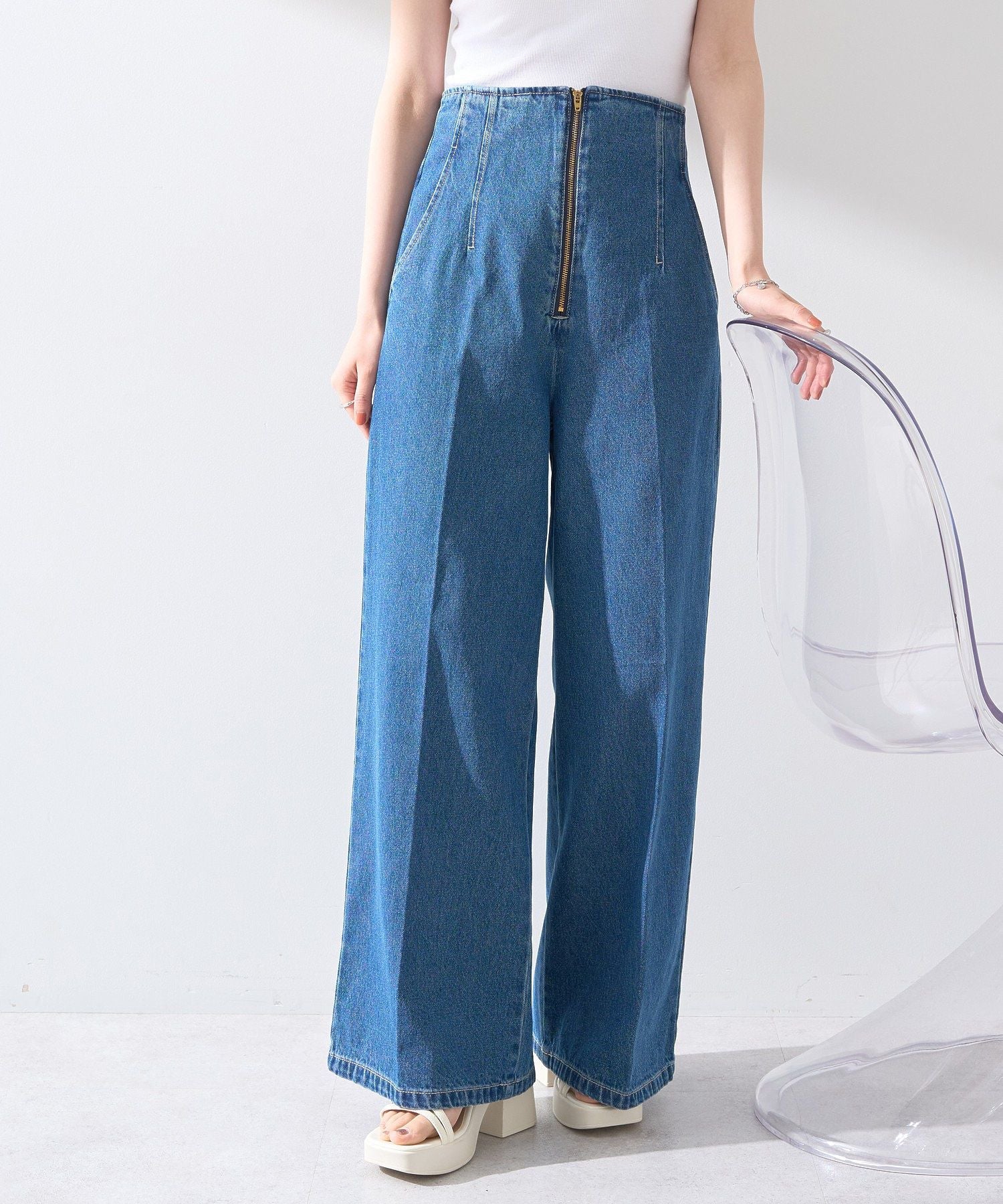 アースミュージックアンドエコロジー earth music&ecology フロントZIPバックレースアップデニム （ミディアムインディゴ） ミディアムインディゴ