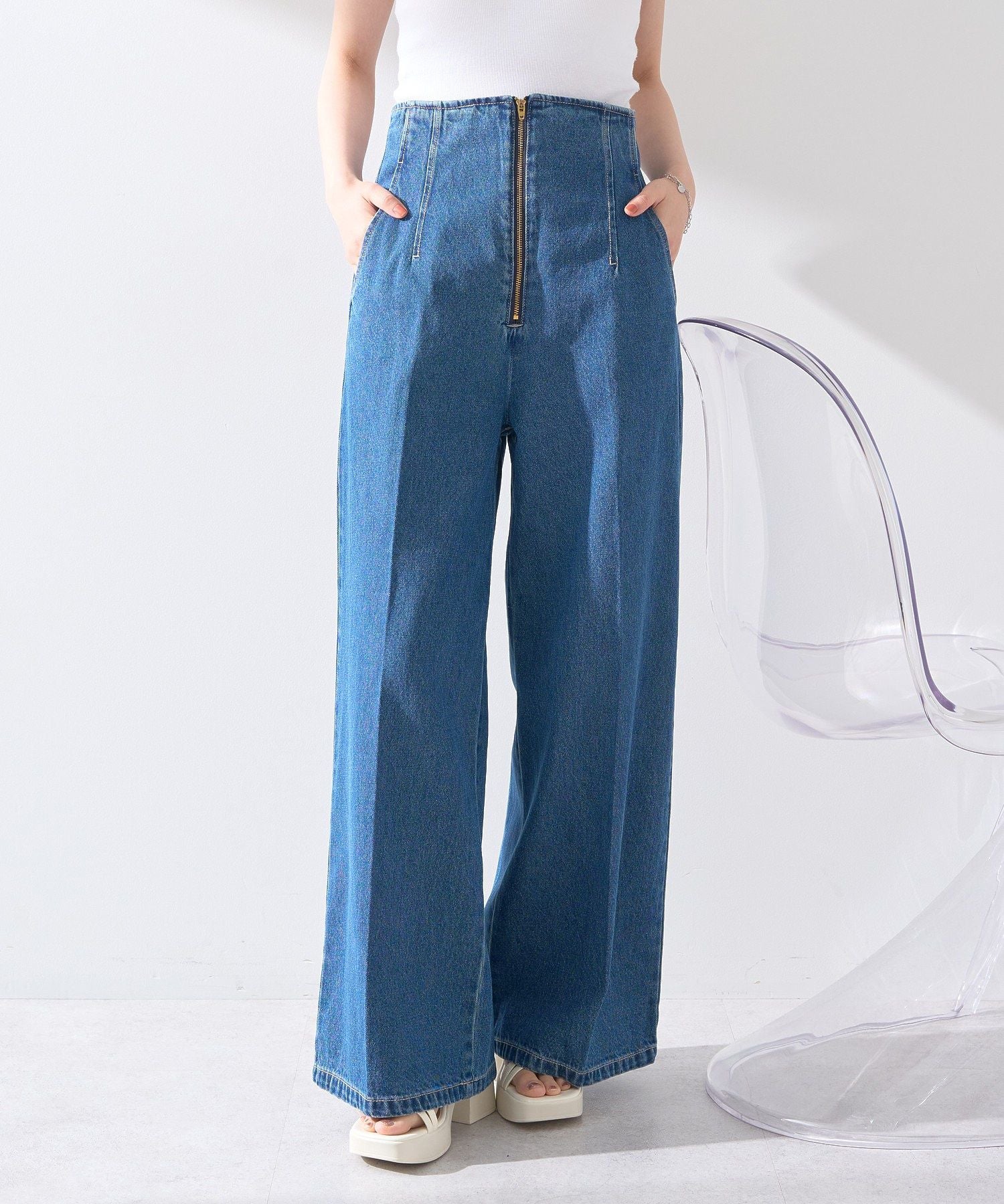 アースミュージックアンドエコロジー earth music&ecology フロントZIPバックレースアップデニム （ミディアムインディゴ） ミディアムインディゴ