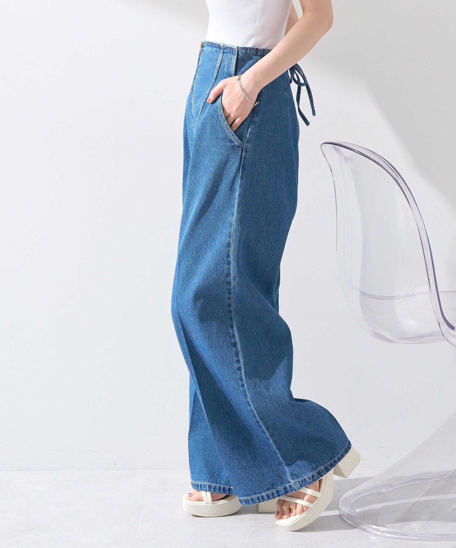 アースミュージックアンドエコロジー earth music&ecology フロントZIPバックレースアップデニム （ミディアムインディゴ） ミディアムインディゴ