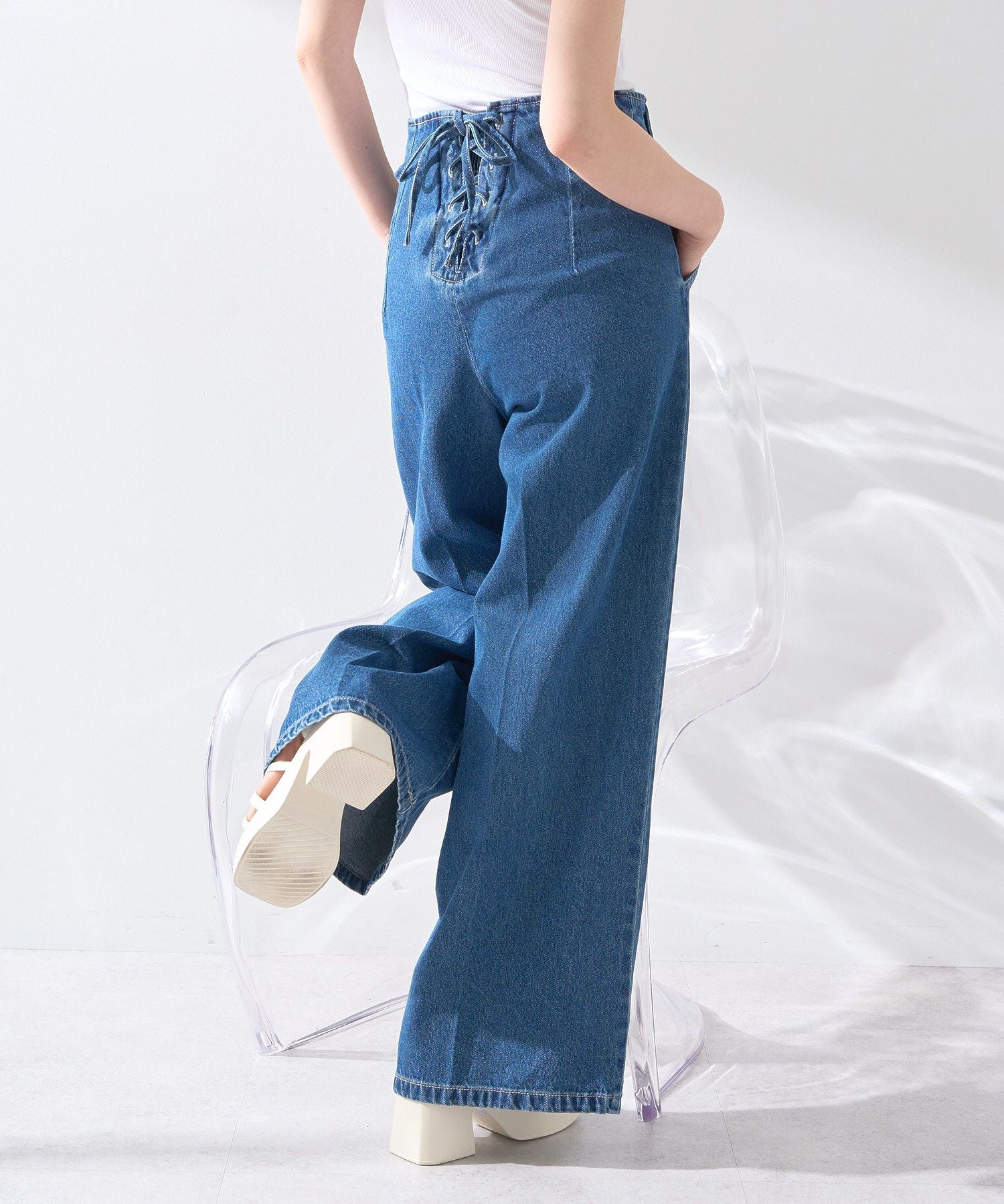 アースミュージックアンドエコロジー earth music&ecology フロントZIPバックレースアップデニム （ミディアムインディゴ） ミディアムインディゴ