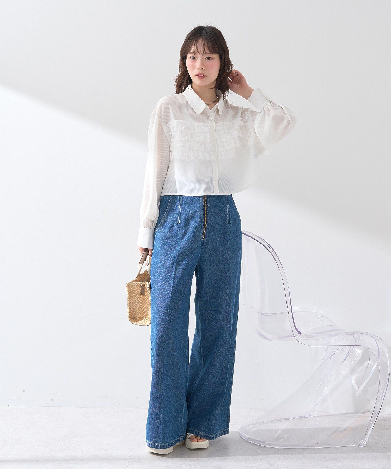 アースミュージックアンドエコロジー earth music&ecology フロントZIPバックレースアップデニム （ミディアムインディゴ） ミディアムインディゴ