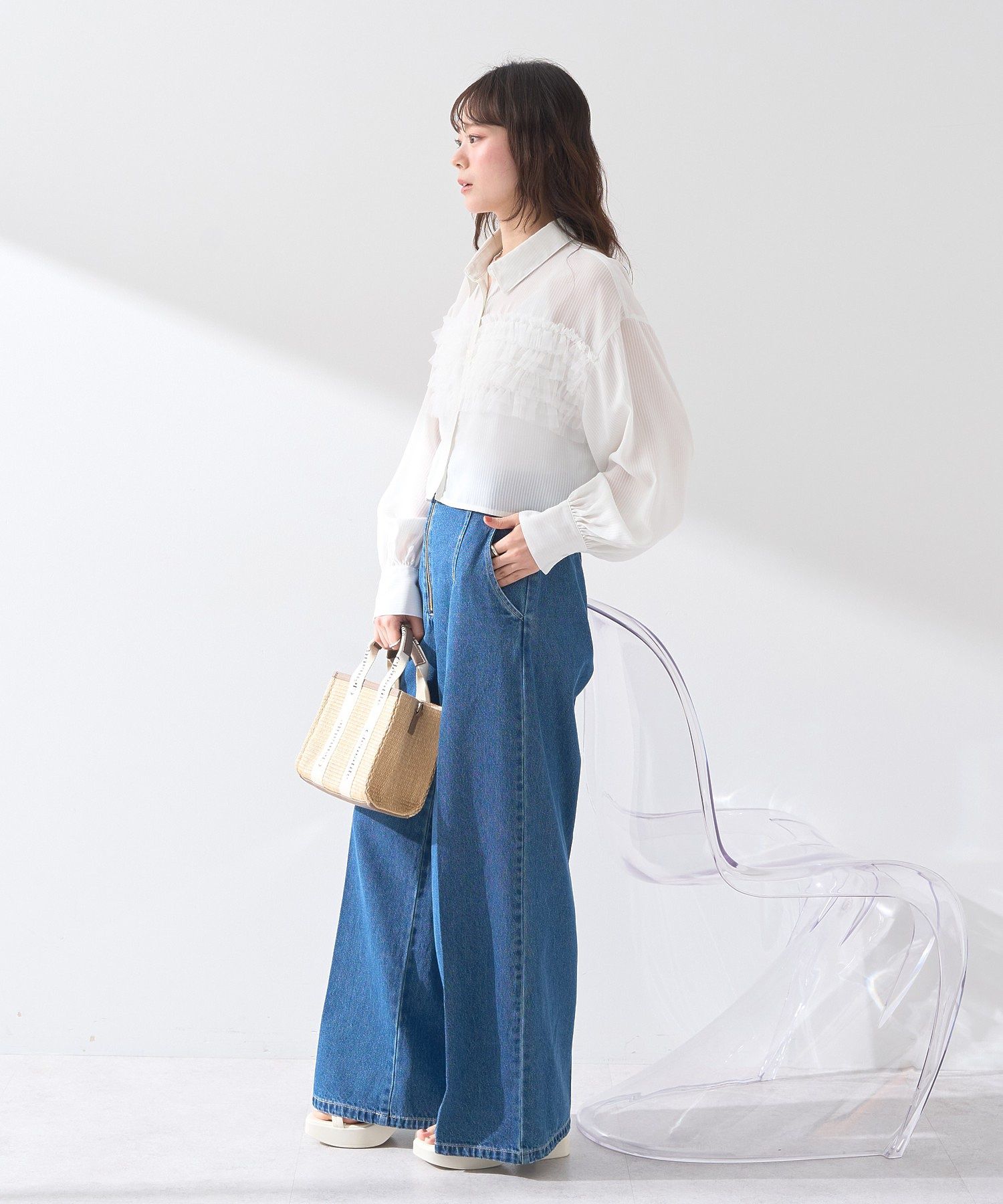 アースミュージックアンドエコロジー earth music&ecology フロントZIPバックレースアップデニム （ミディアムインディゴ） ミディアムインディゴ