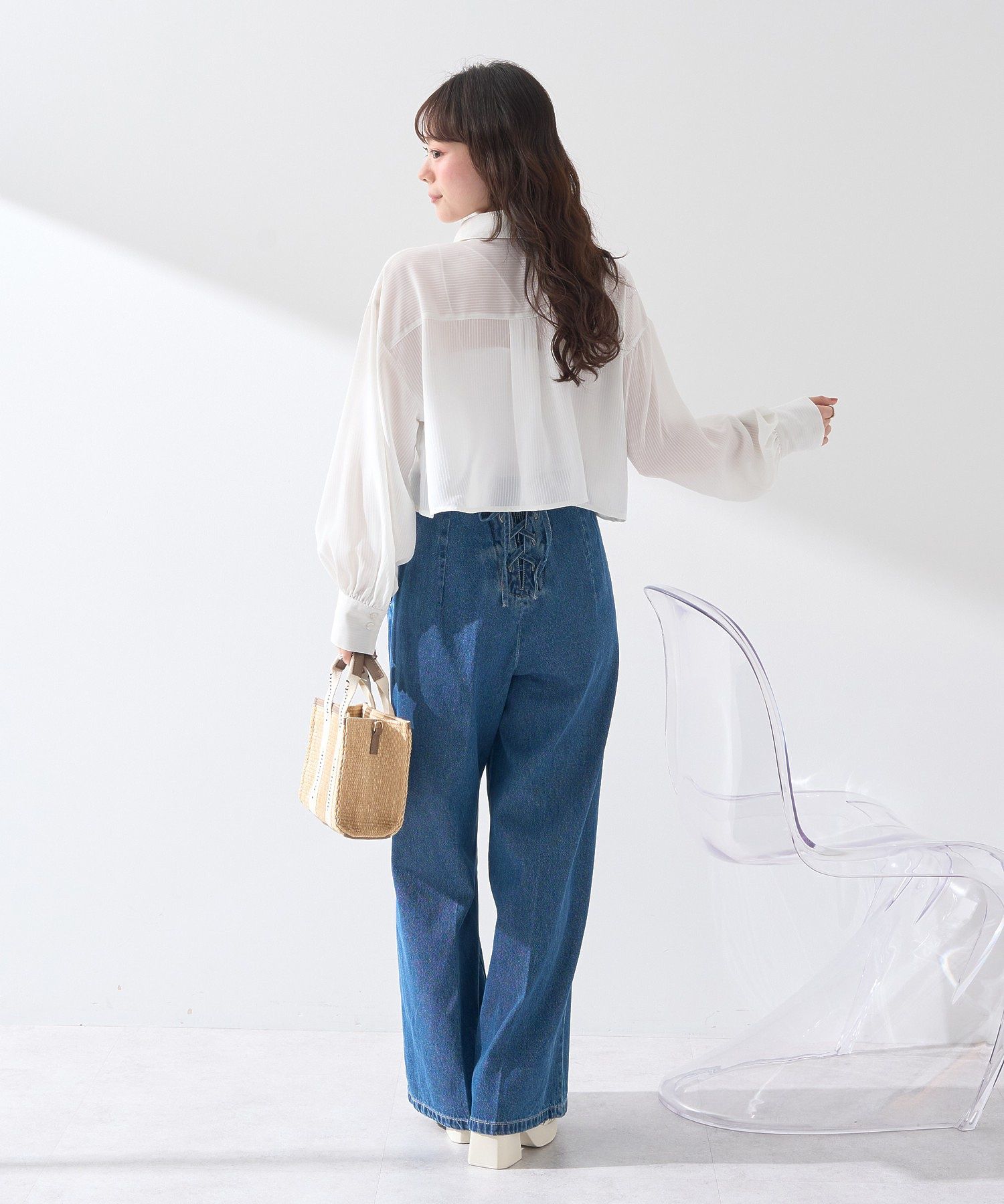 アースミュージックアンドエコロジー earth music&ecology フロントZIPバックレースアップデニム （ミディアムインディゴ） ミディアムインディゴ