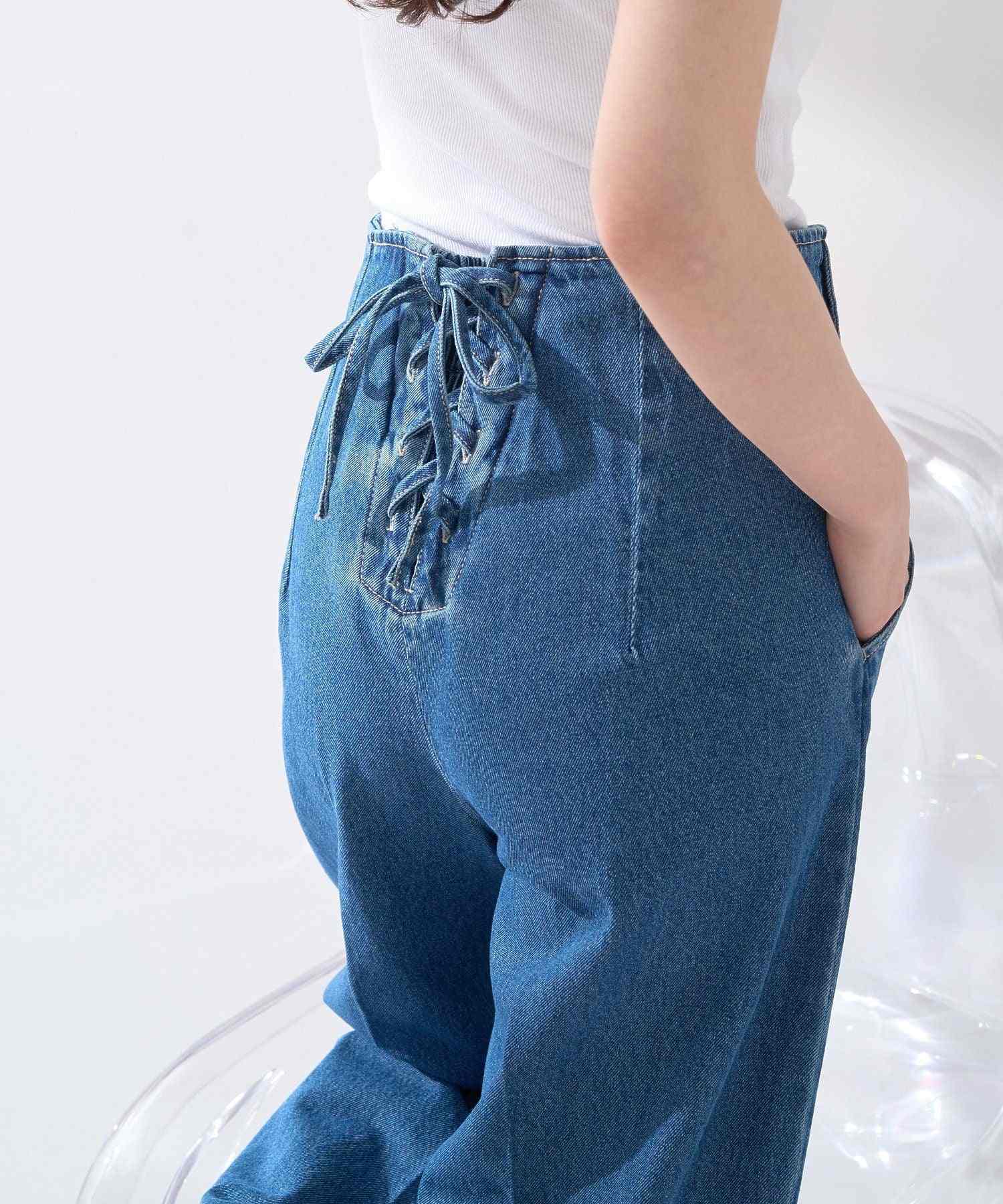 アースミュージックアンドエコロジー earth music&ecology フロントZIPバックレースアップデニム （ミディアムインディゴ） ミディアムインディゴ