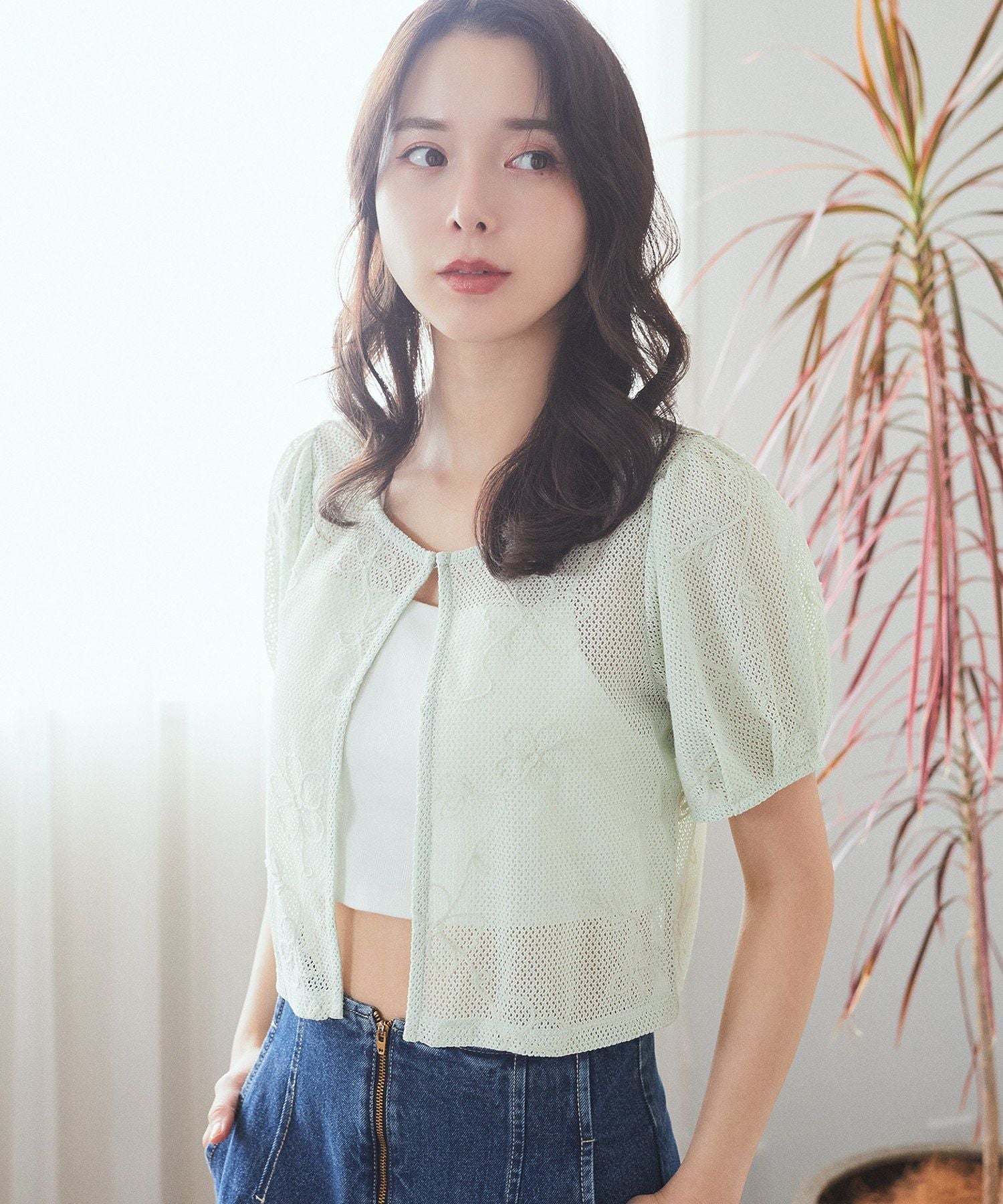 アースミュージックアンドエコロジー earth music&ecology フラワーコード刺繍カーディガン （アイボリー） アイボリー