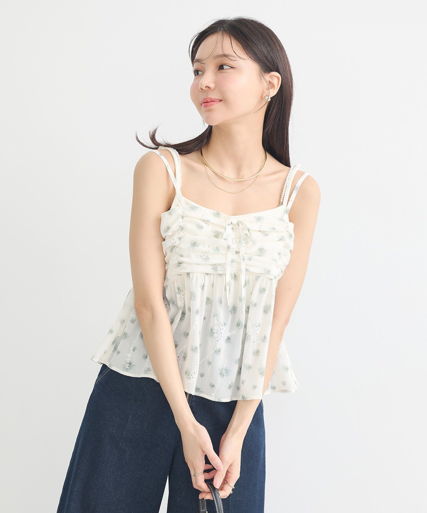 アースミュージックアンドエコロジー earth music&ecology 花柄ギャザーキャミビスチェ （ライトグリーン） ライトグリーン