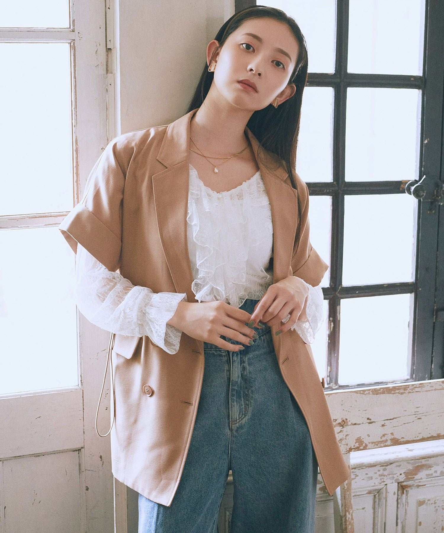 アースミュージックアンドエコロジー earth music&ecology 半袖サイドドロストジャケット （キャメル） キャメル