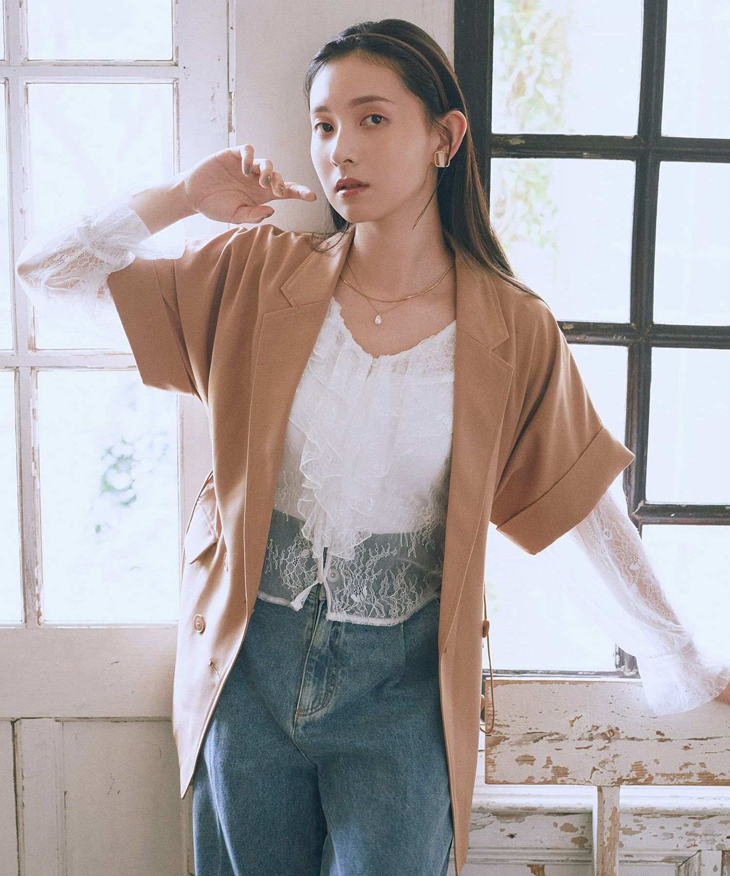 アースミュージックアンドエコロジー earth music&ecology 半袖サイドドロストジャケット （キャメル） キャメル