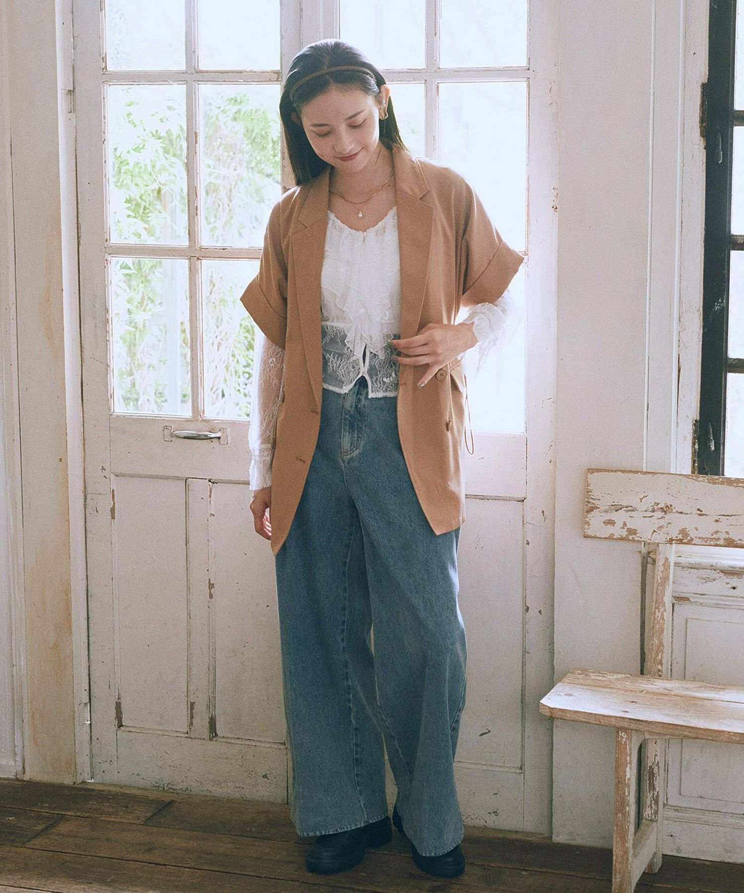 アースミュージックアンドエコロジー earth music&ecology 半袖サイドドロストジャケット （キャメル） キャメル