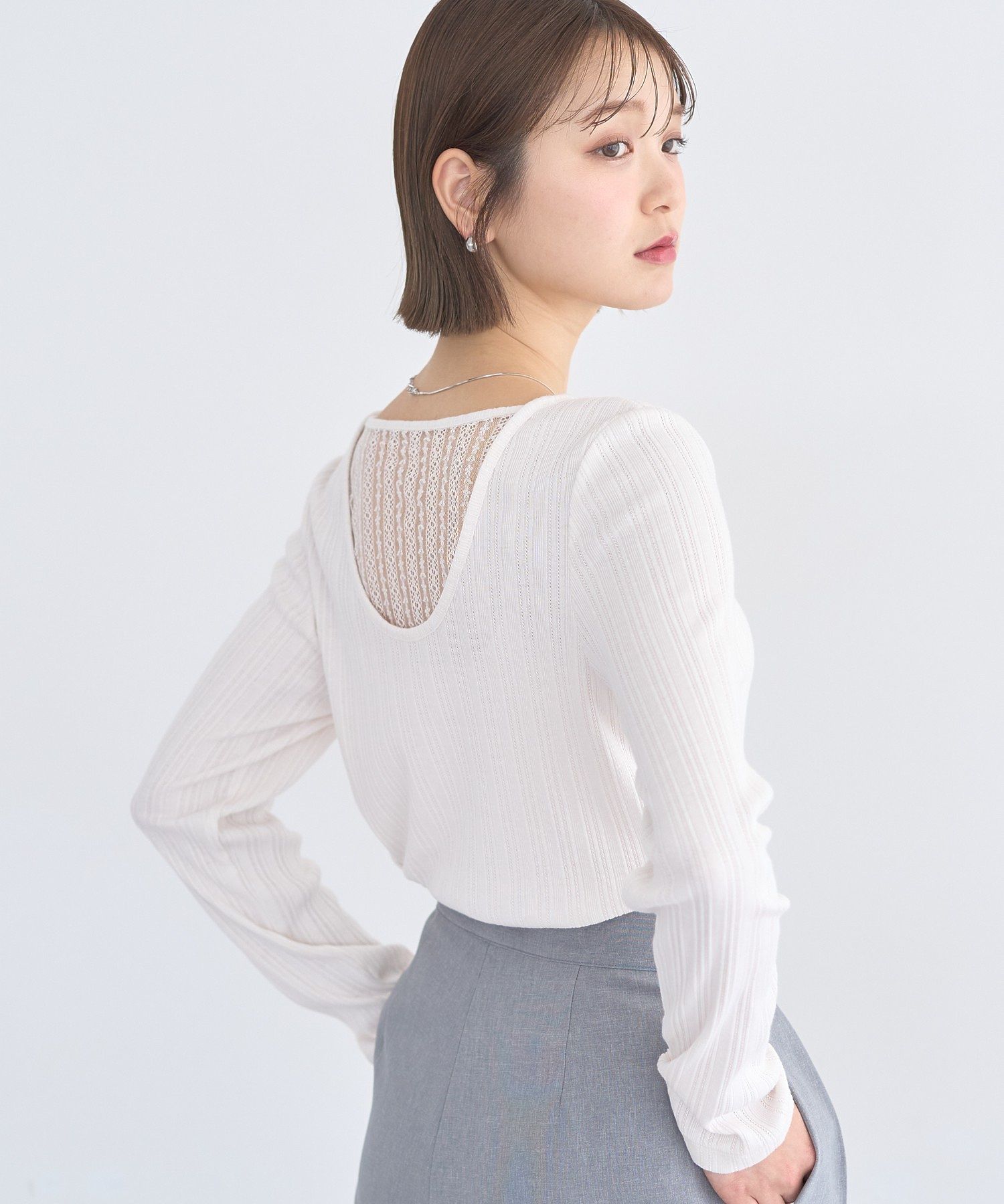 アースミュージックアンドエコロジー earth music&ecology ランダムチェーンリブバックレースプルオーバー （オフホワイト） オフホワイト