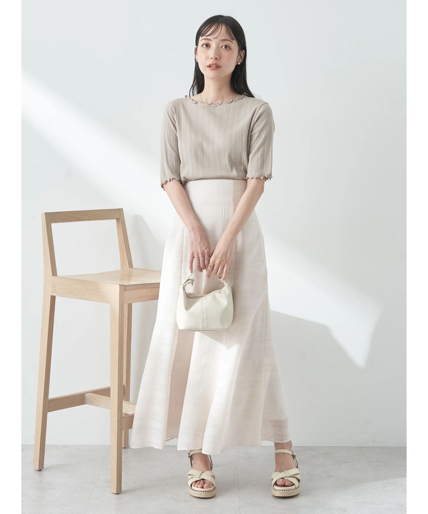 アースミュージックアンドエコロジー earth music&ecology シアーチェックフレアスカート （アイボリー） アイボリー