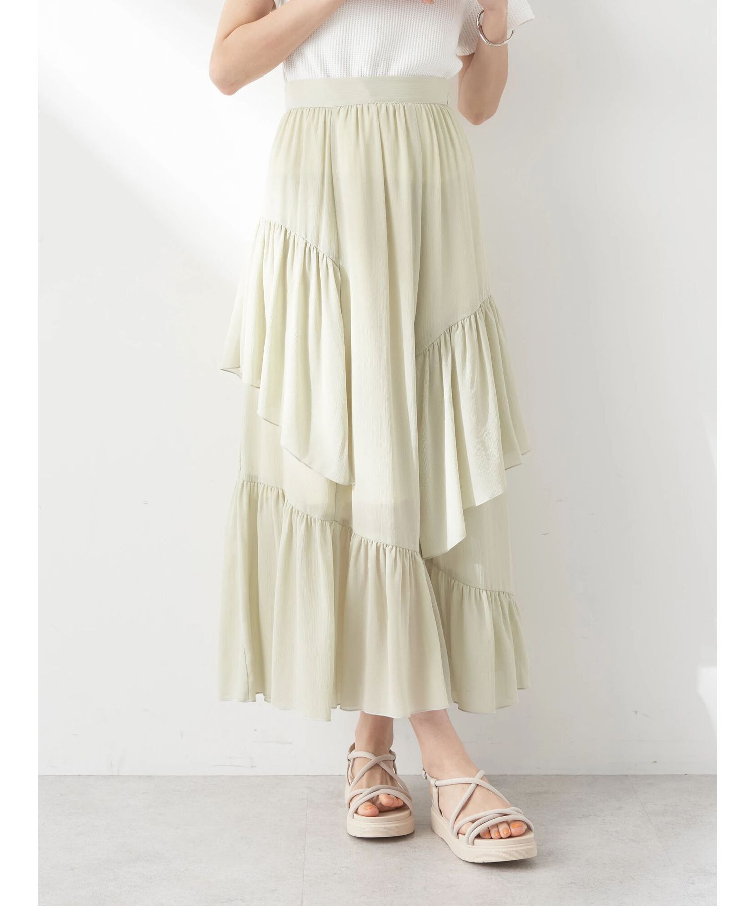 アースミュージックアンドエコロジー earth music&ecology シアー楊柳アシメティアードスカート （ライトグレー） ライトグレー