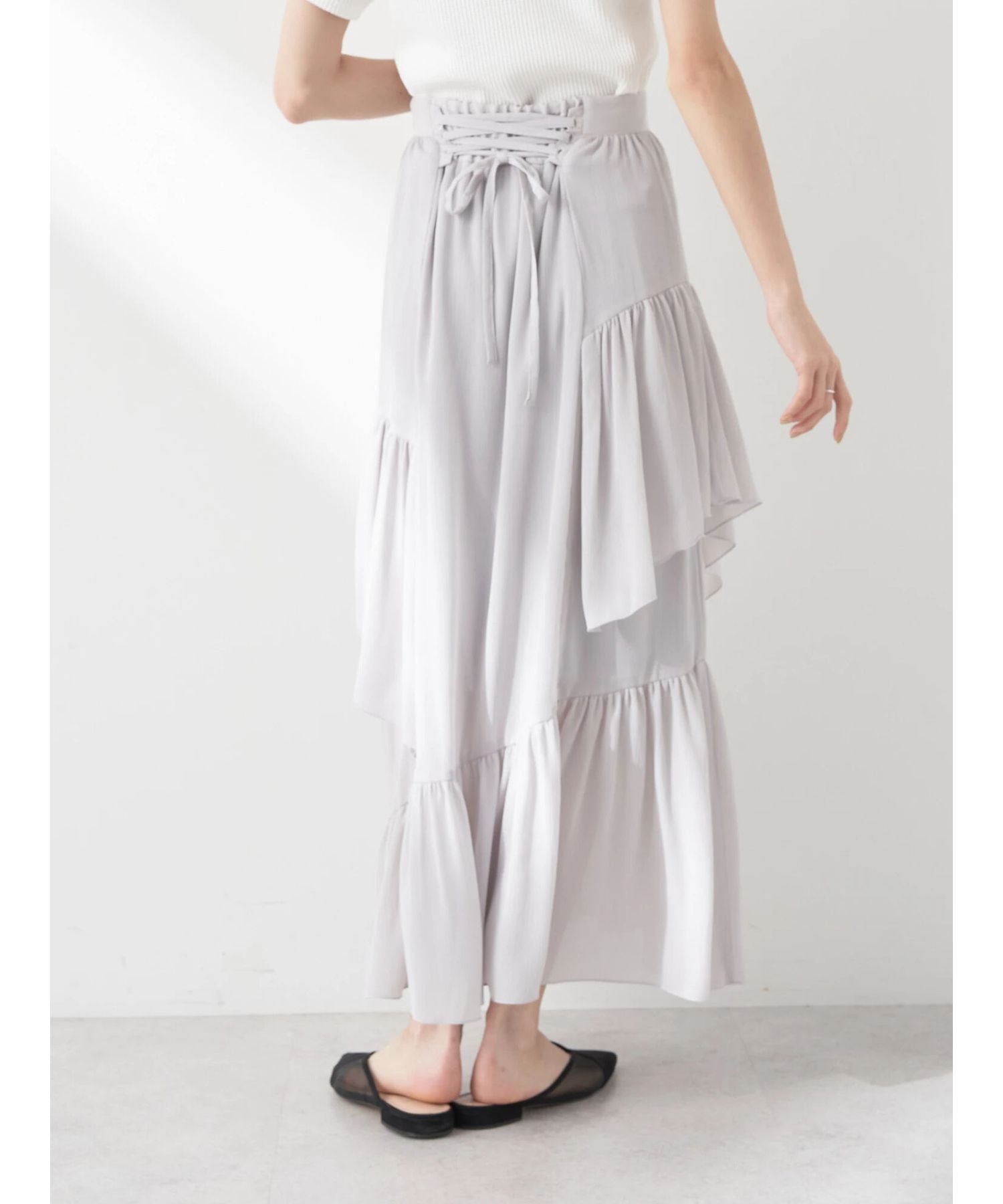 アースミュージックアンドエコロジー earth music&ecology シアー楊柳アシメティアードスカート （ライトグレー） ライトグレー