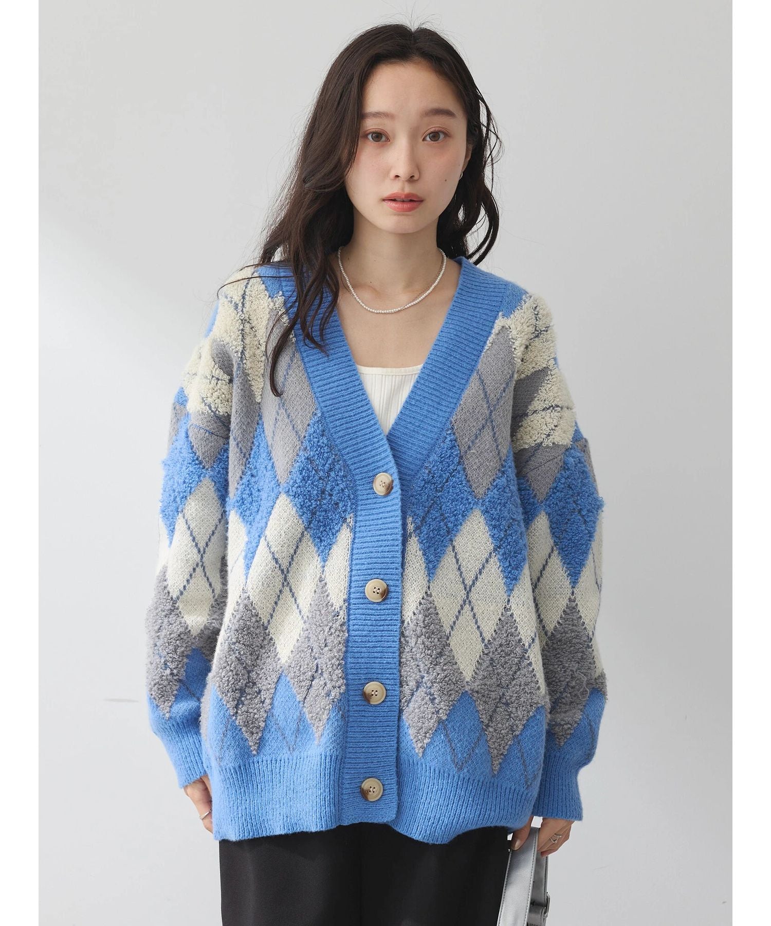 earth music&ecology loop knit argyle cardigan