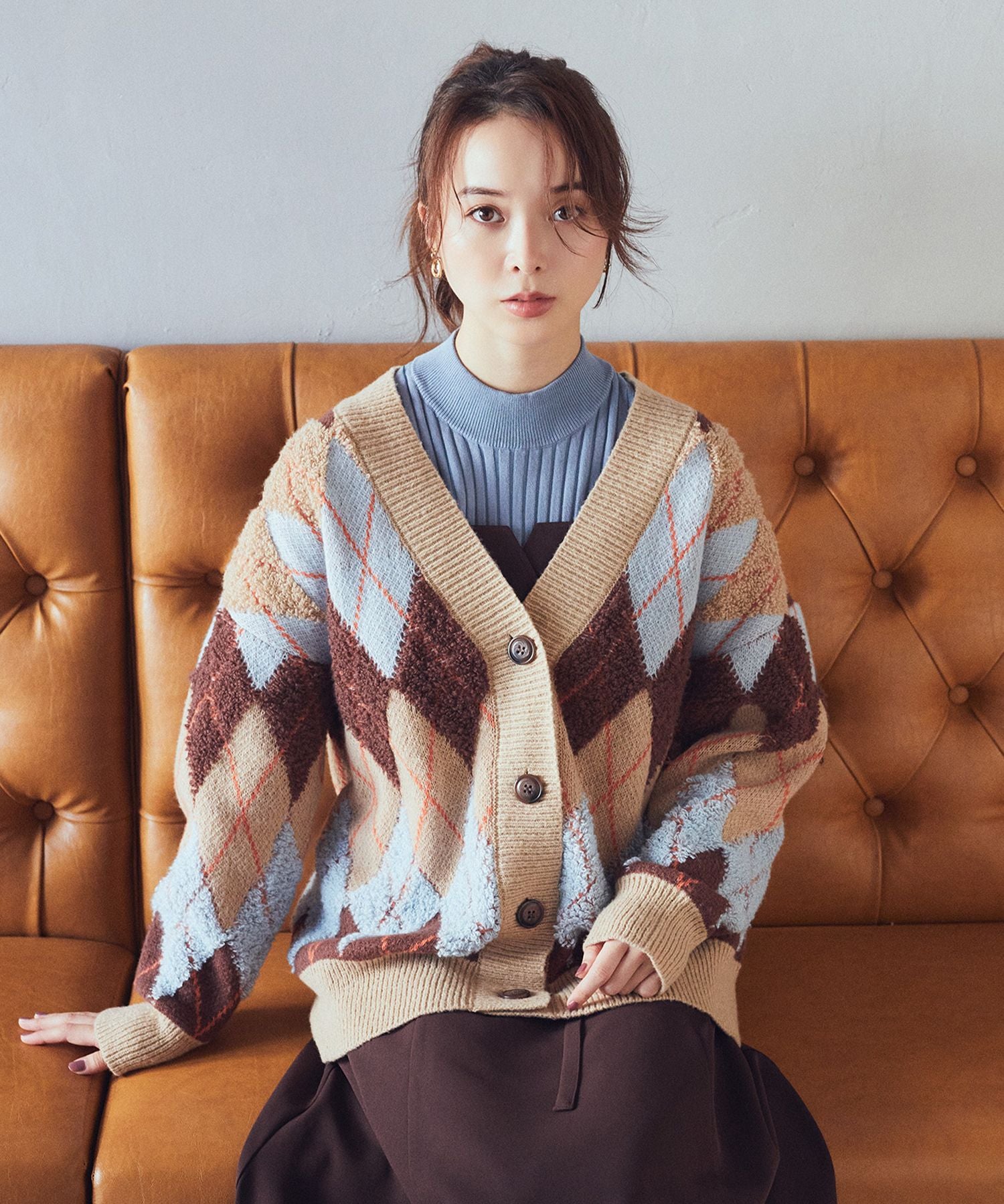 earth music&ecology loop knit argyle cardigan