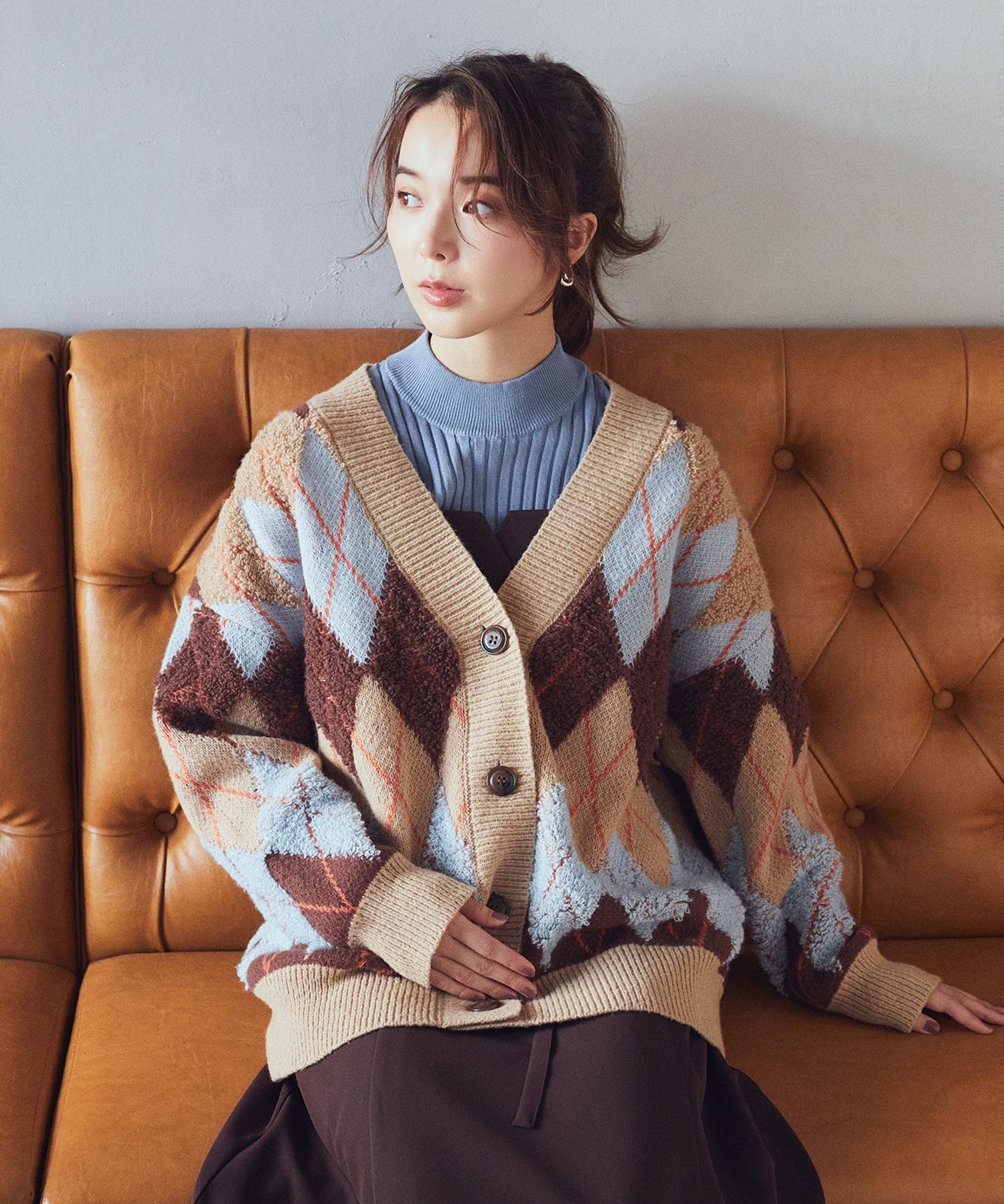 earth music&ecology loop knit argyle cardigan