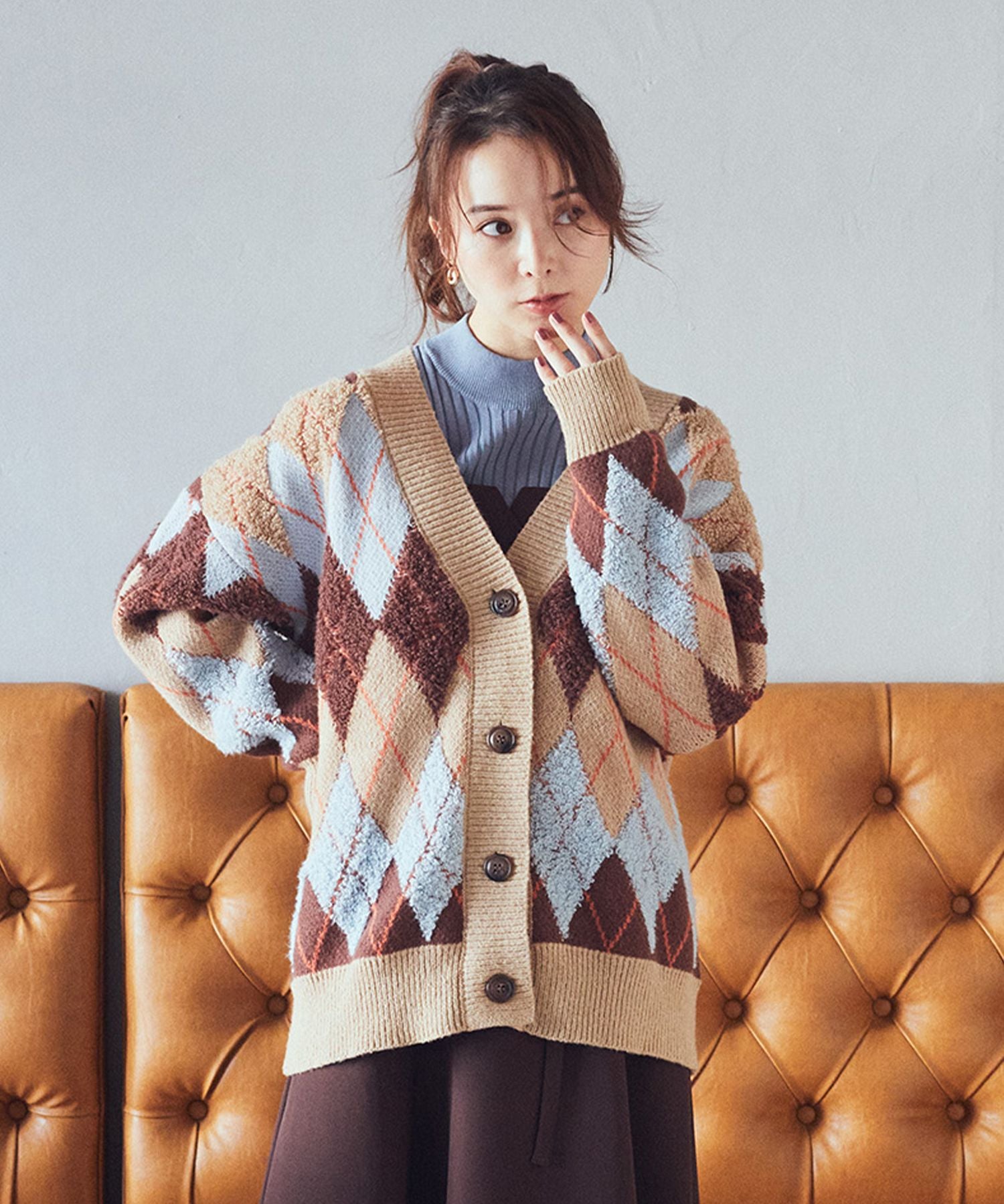 earth music&ecology loop knit argyle cardigan