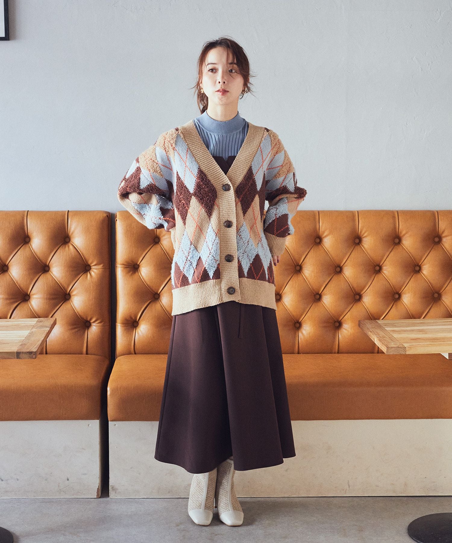 earth music&ecology loop knit argyle cardigan