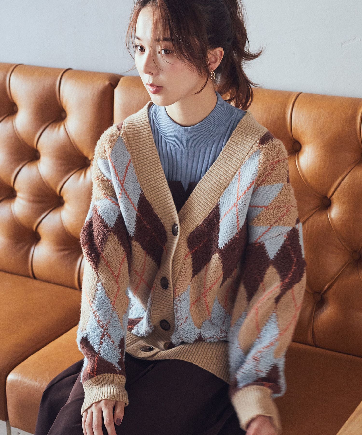 earth music&ecology loop knit argyle cardigan