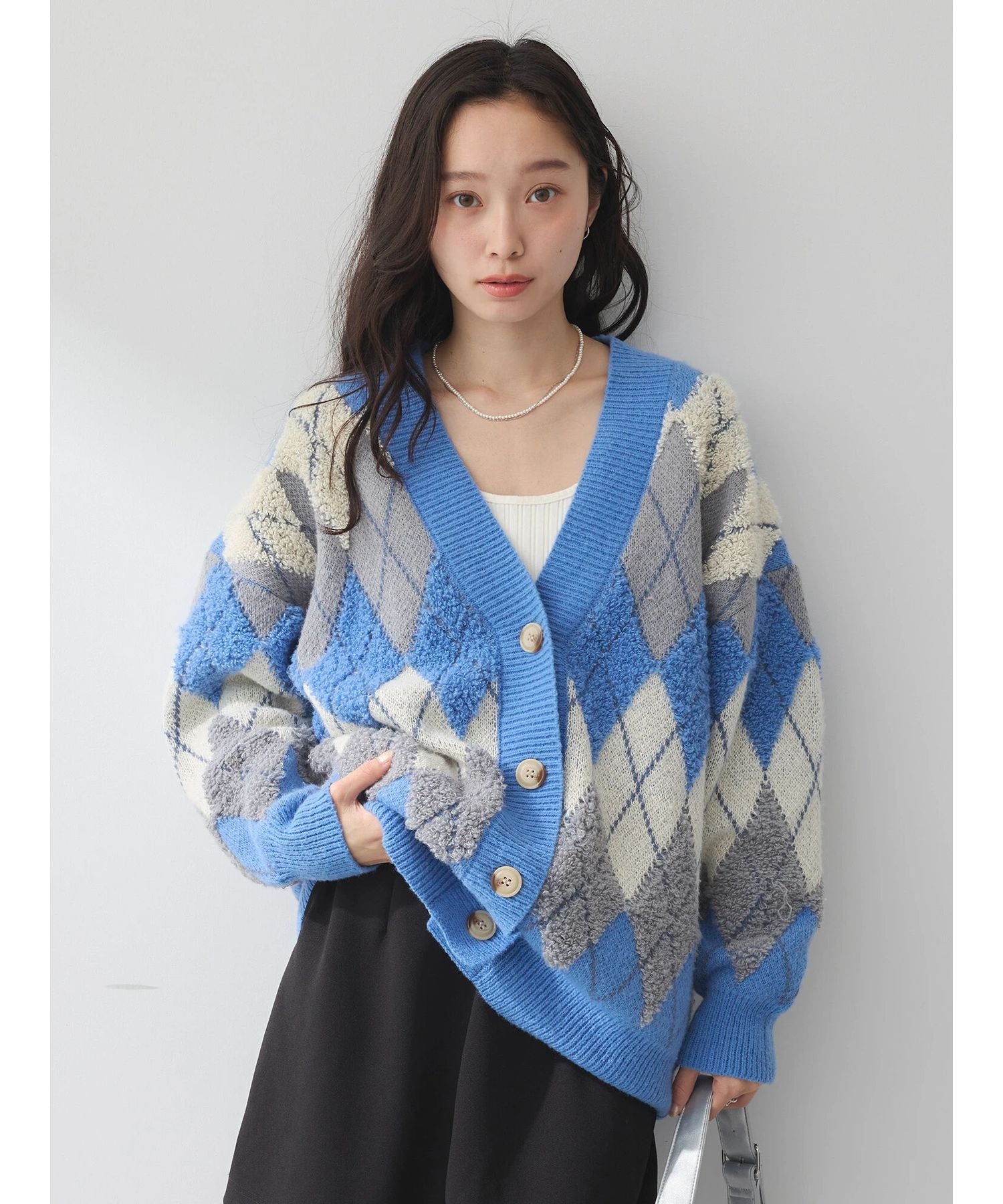 earth music&ecology loop knit argyle cardigan