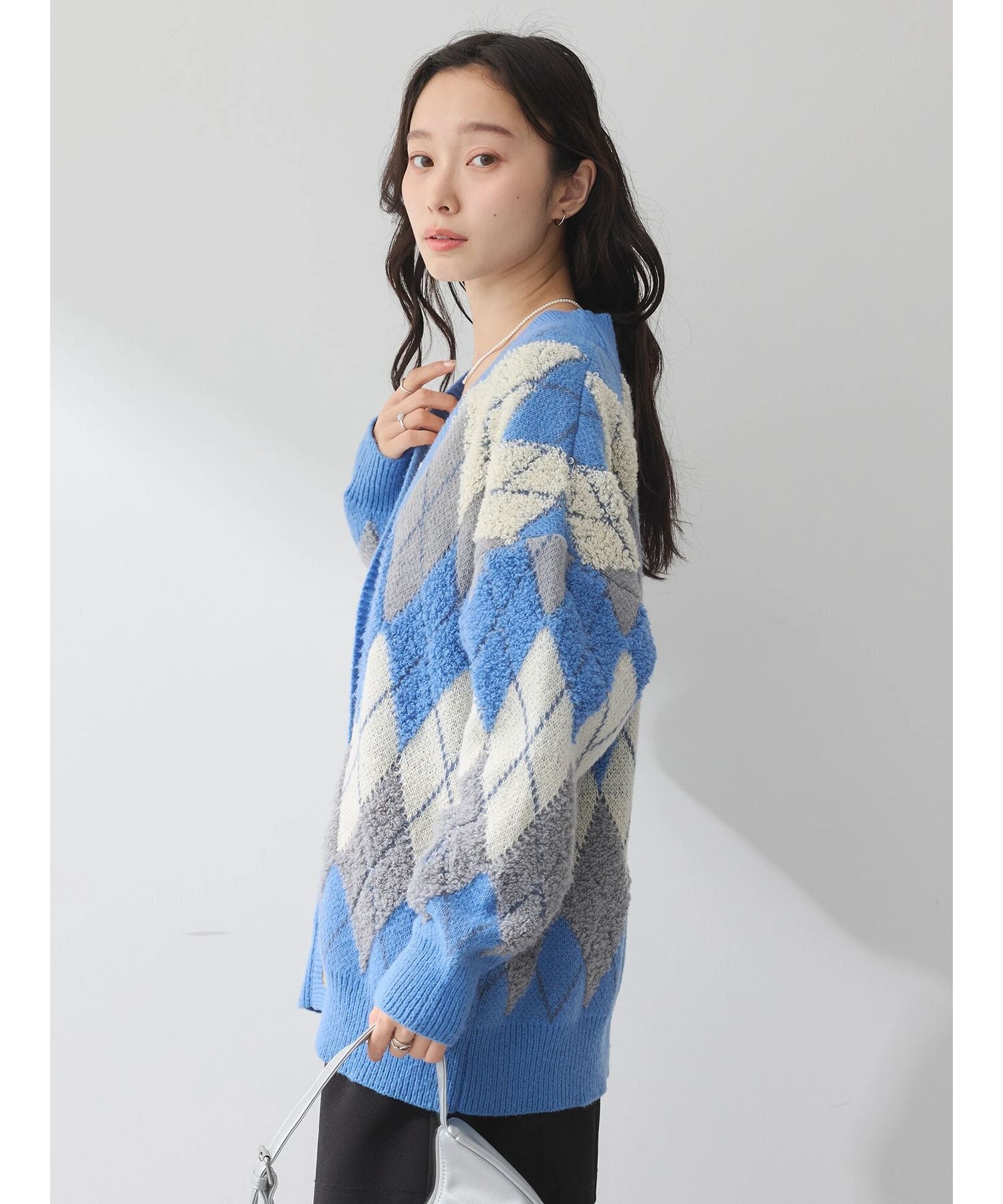 earth music&ecology loop knit argyle cardigan